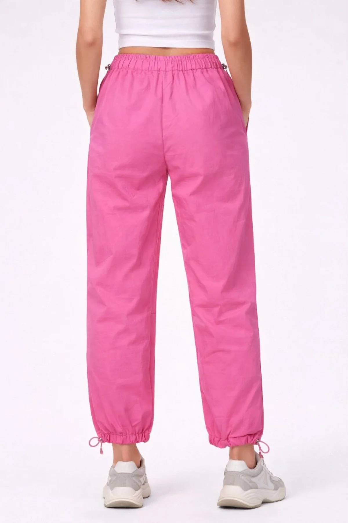 Kadın Paraşüt Kumaş Pantolon Bel ve Paça Ayarlanabilir Lastikli Spor Pantolon - Pembe