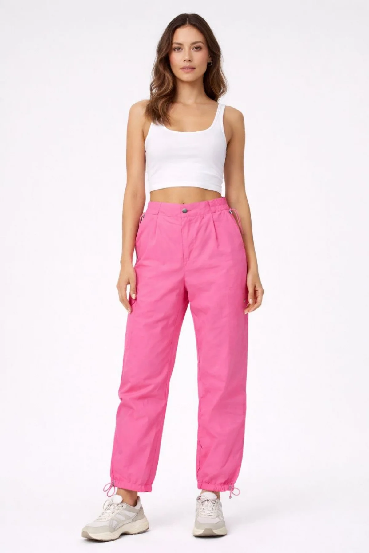 Kadın Paraşüt Kumaş Pantolon Bel ve Paça Ayarlanabilir Lastikli Spor Pantolon - Pembe