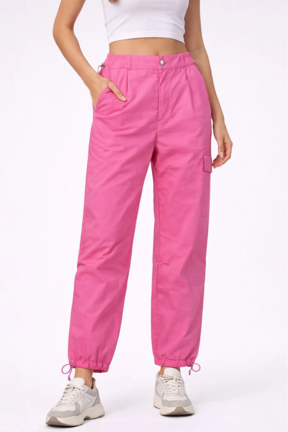 Kadın Paraşüt Kumaş Pantolon Bel ve Paça Ayarlanabilir Lastikli Spor Pantolon - Pembe