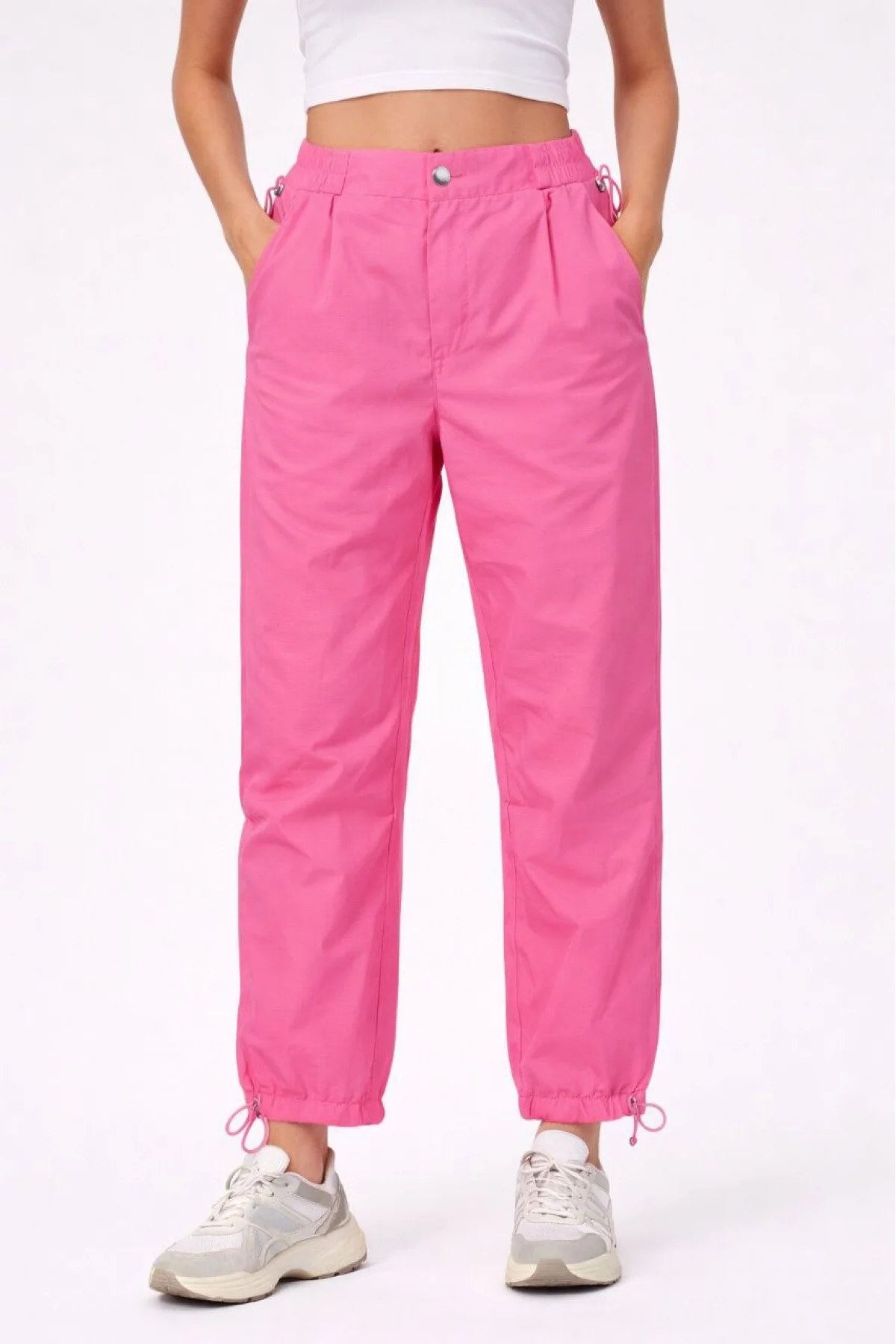 Kadın Paraşüt Kumaş Pantolon Bel ve Paça Ayarlanabilir Lastikli Spor Pantolon - Pembe