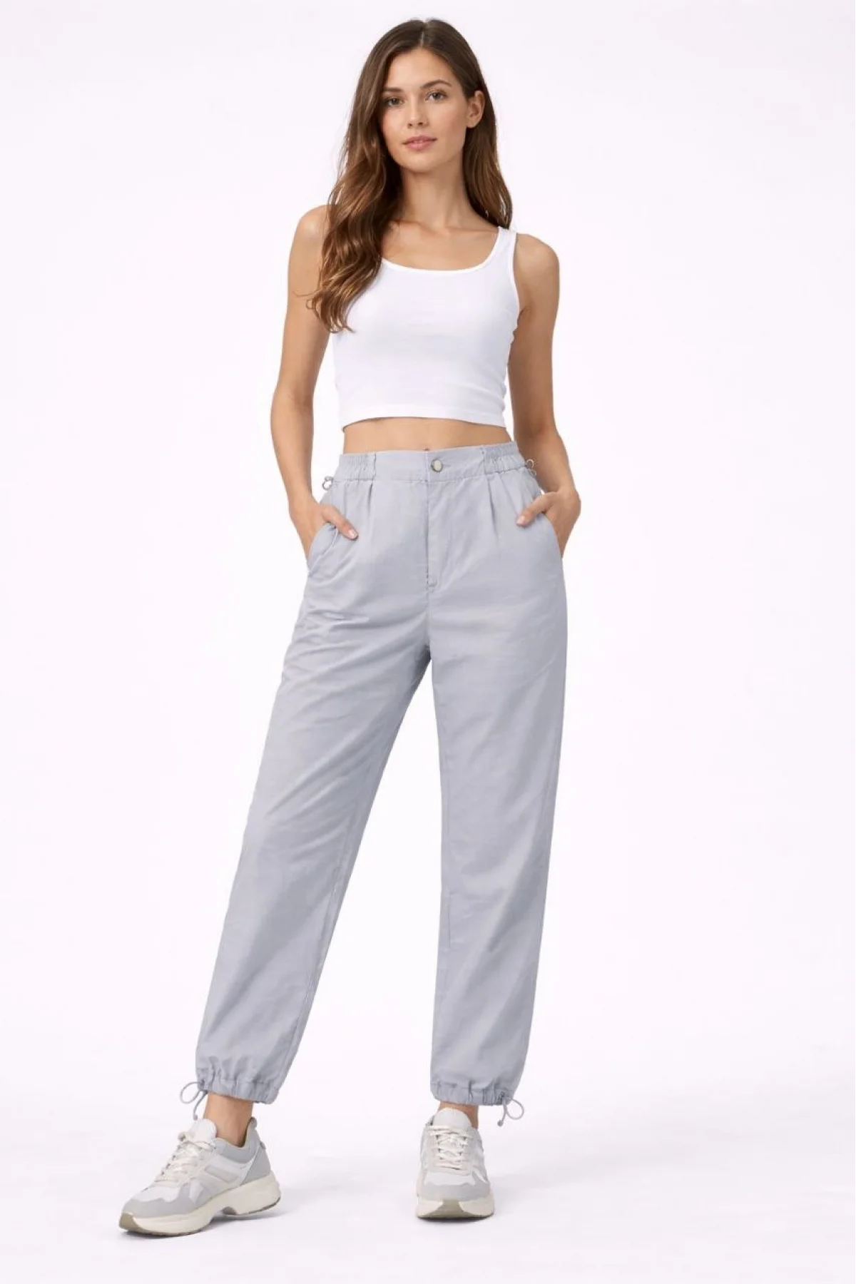 Kadın Paraşüt Kumaş Pantolon Bel ve Paça Ayarlanabilir Lastikli Spor Pantolon - Gri