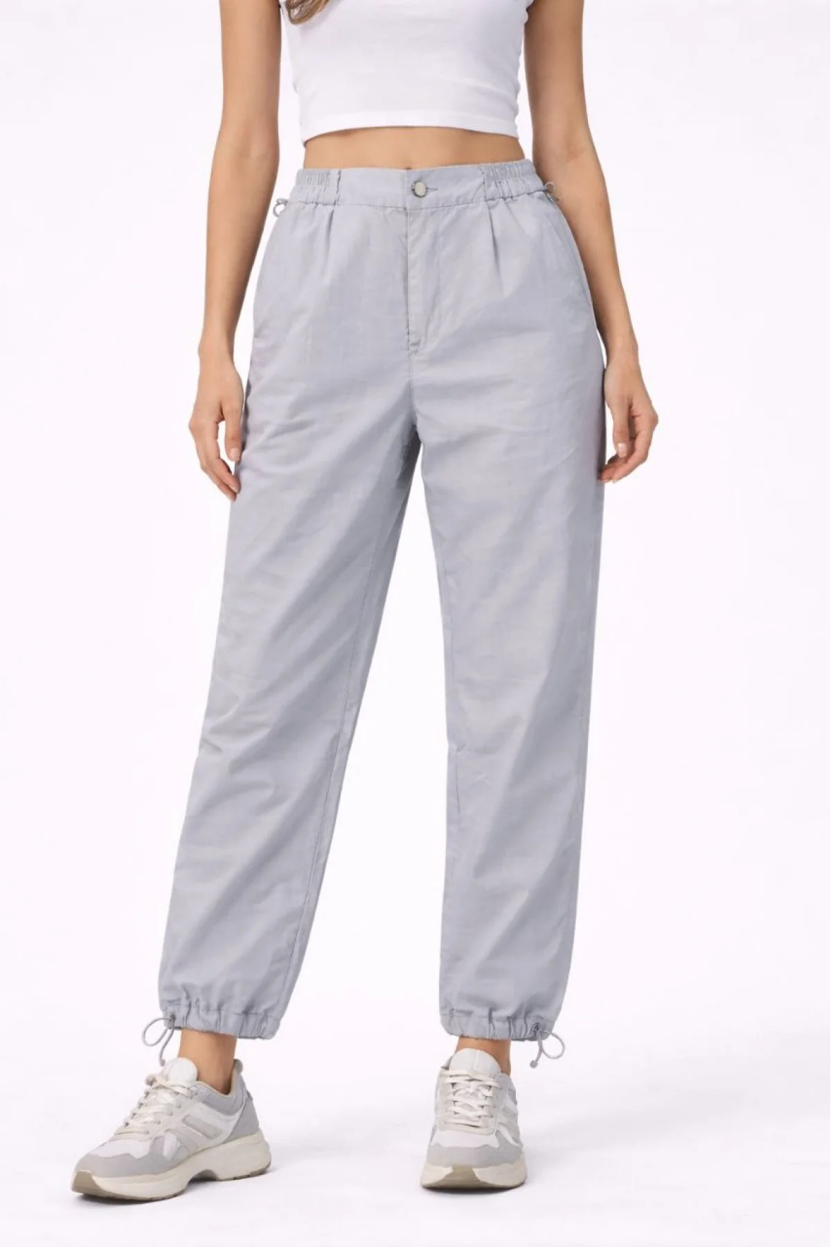 Kadın Paraşüt Kumaş Pantolon Bel ve Paça Ayarlanabilir Lastikli Spor Pantolon - Gri