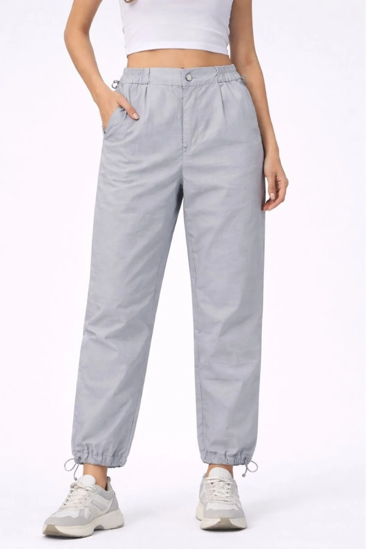 Kadın Paraşüt Kumaş Pantolon Bel ve Paça Ayarlanabilir Lastikli Spor Pantolon - Gri