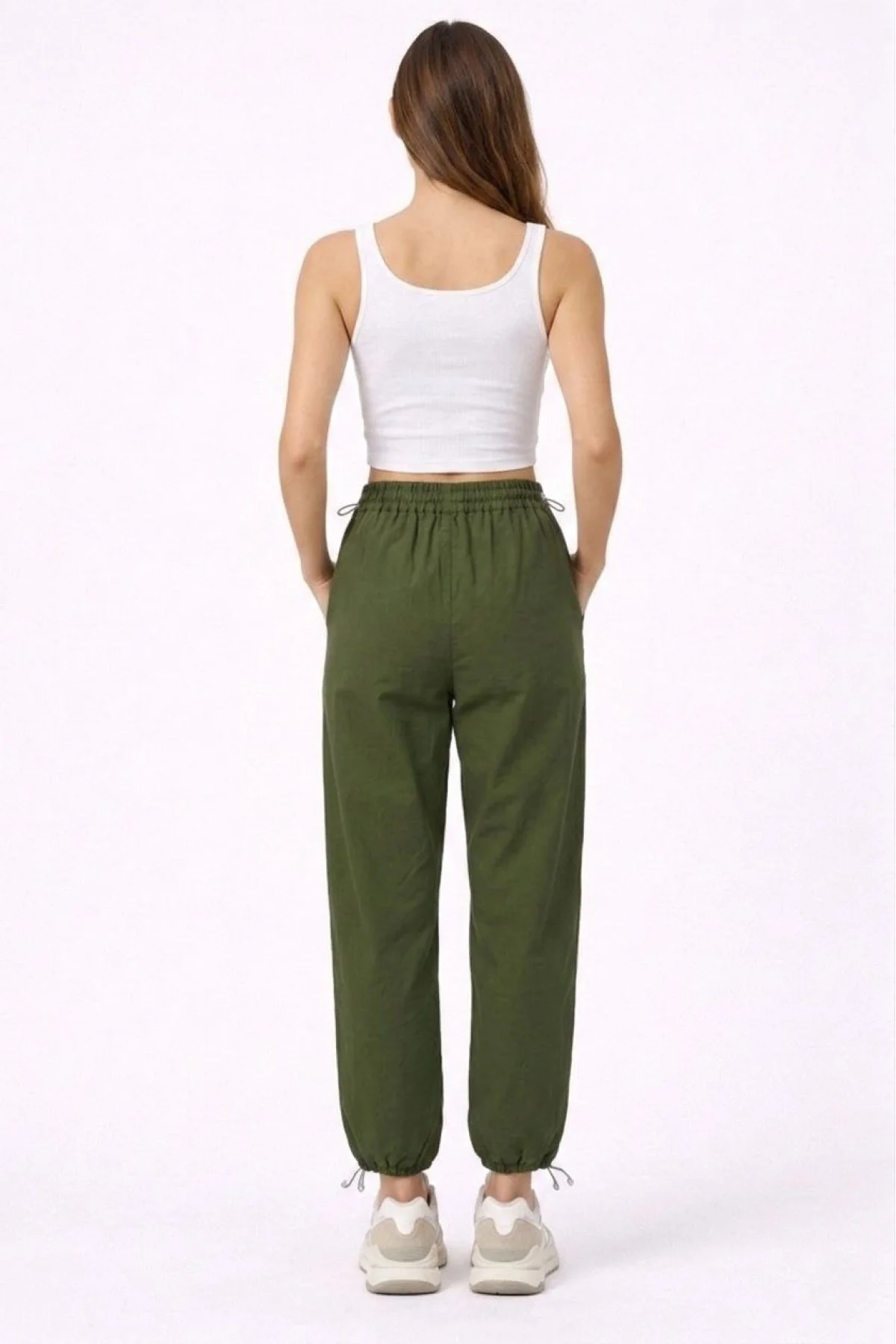 Kadın Paraşüt Kumaş Pantolon Bel ve Paça Ayarlanabilir Lastikli Spor Pantolon - Haki