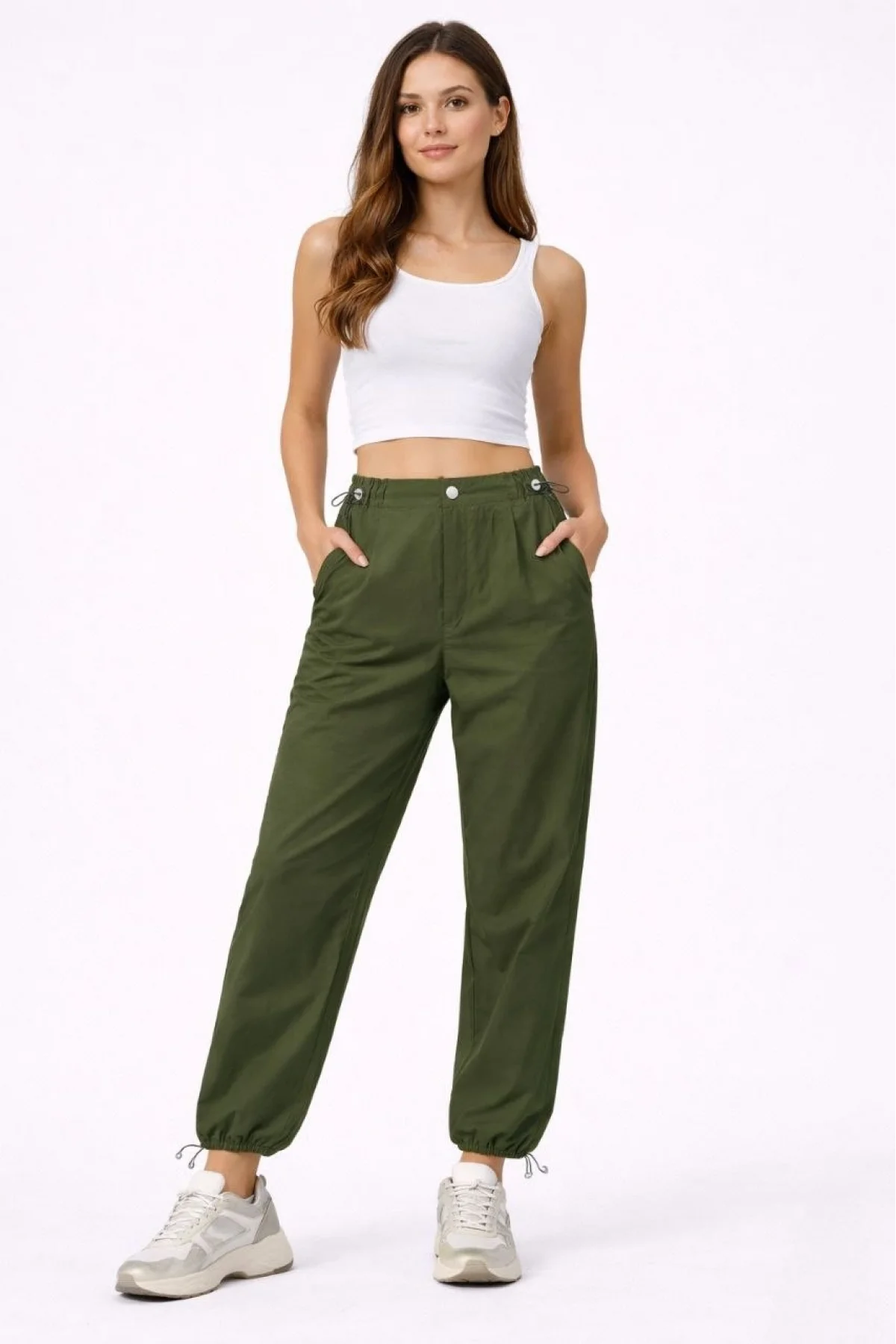Kadın Paraşüt Kumaş Pantolon Bel ve Paça Ayarlanabilir Lastikli Spor Pantolon - Haki