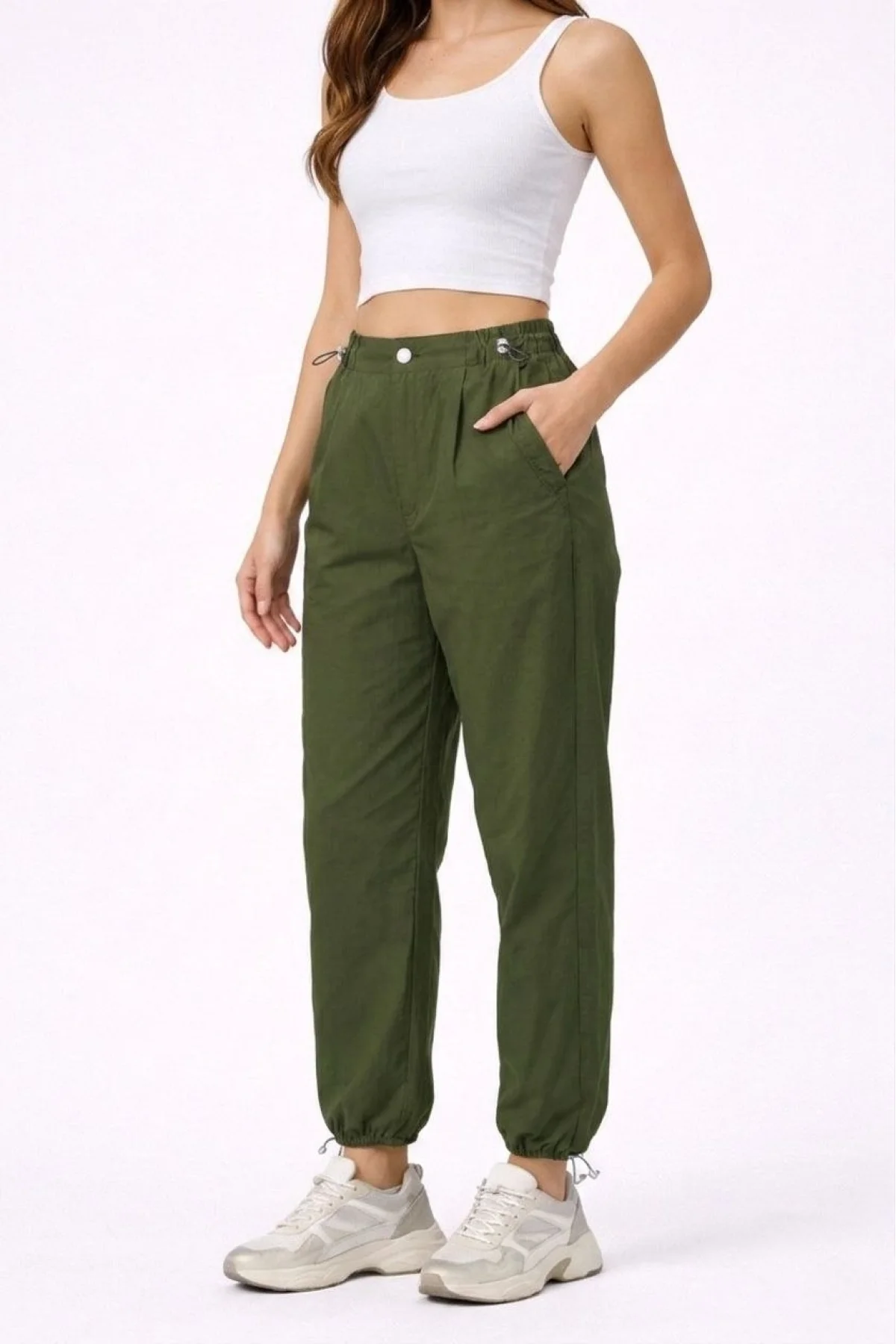 Kadın Paraşüt Kumaş Pantolon Bel ve Paça Ayarlanabilir Lastikli Spor Pantolon - Haki