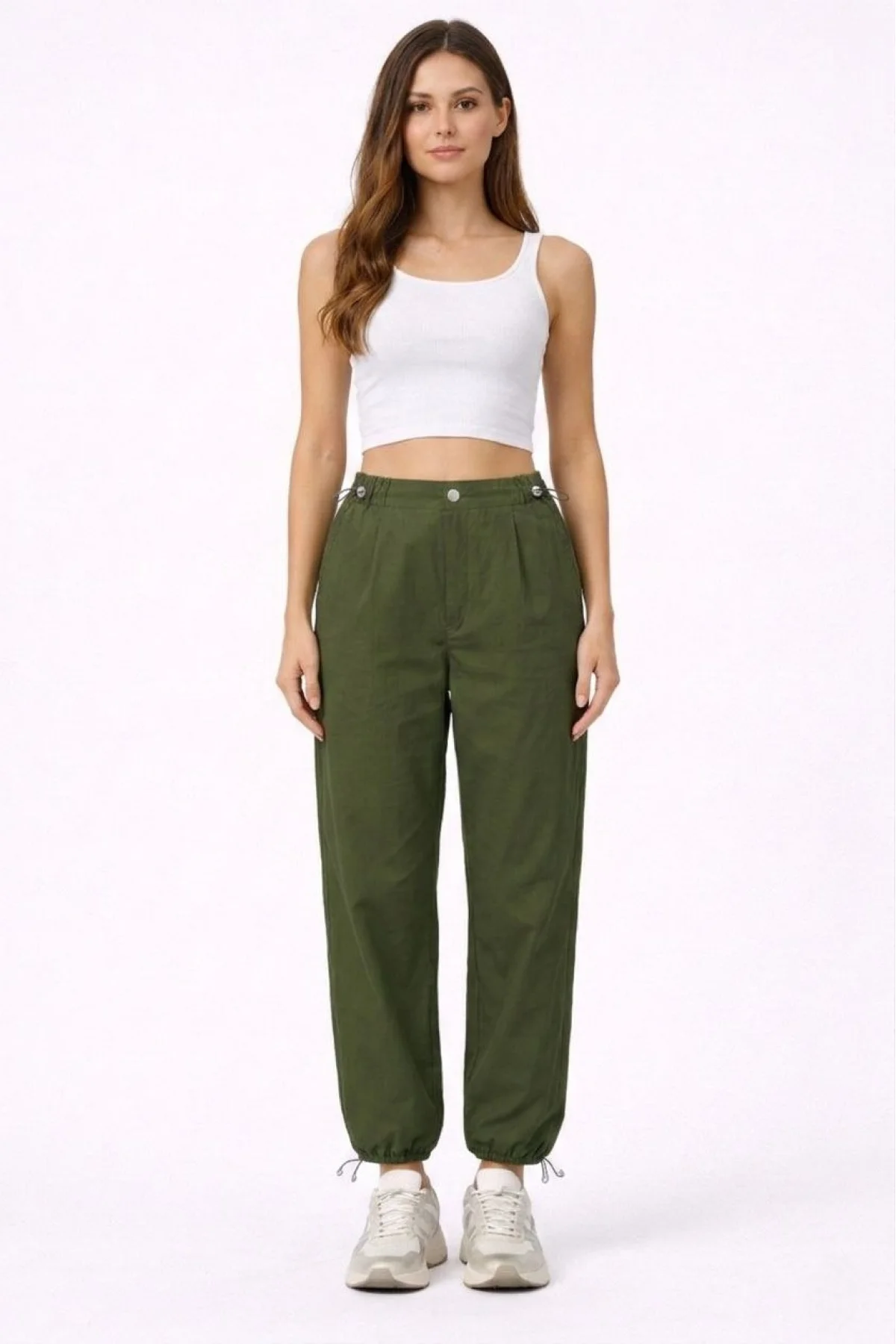 Kadın Paraşüt Kumaş Pantolon Bel ve Paça Ayarlanabilir Lastikli Spor Pantolon - Haki