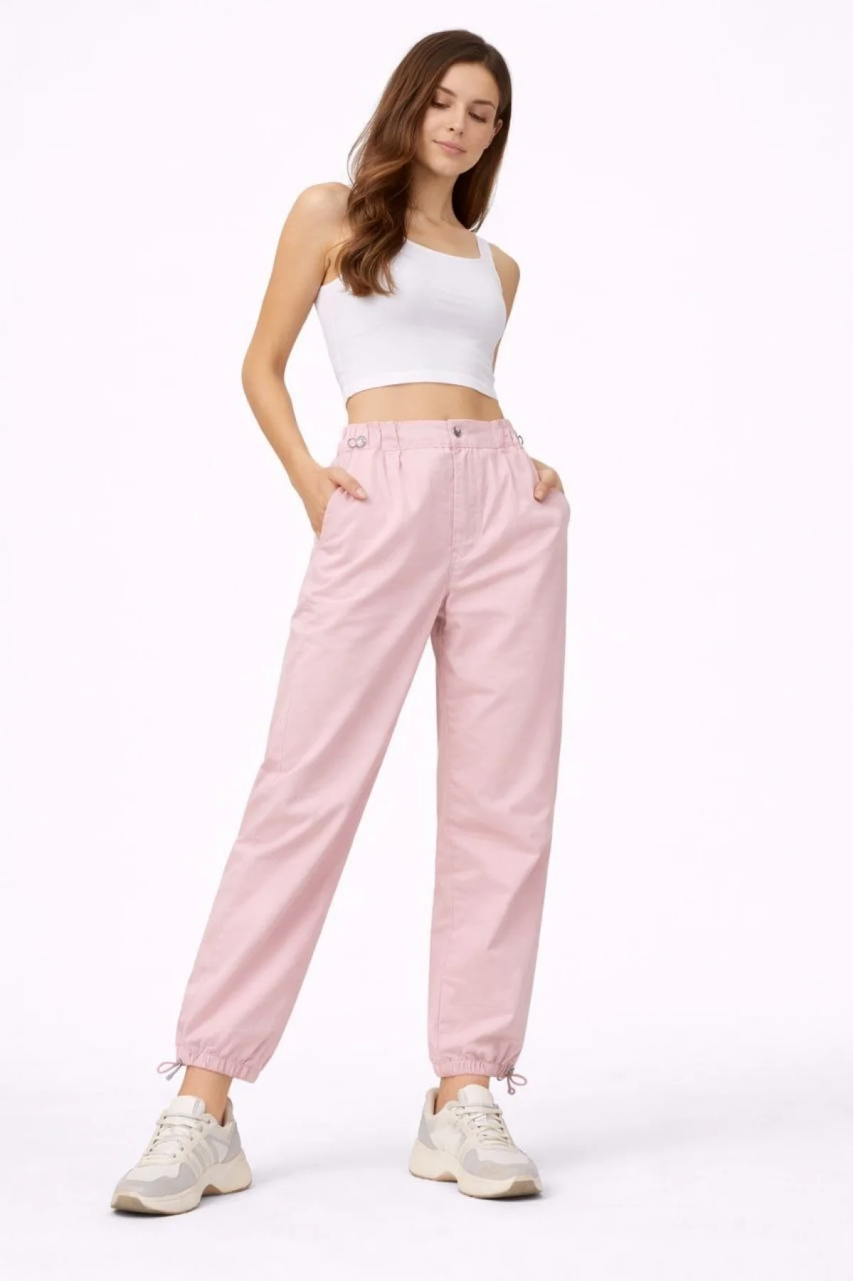 Kadın Paraşüt Kumaş Pantolon Bel ve Paça Ayarlanabilir Lastikli Spor Pantolon - Toz Pembe