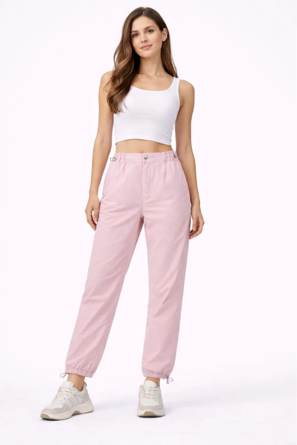 Kadın Paraşüt Kumaş Pantolon Bel ve Paça Ayarlanabilir Lastikli Spor Pantolon - Toz Pembe