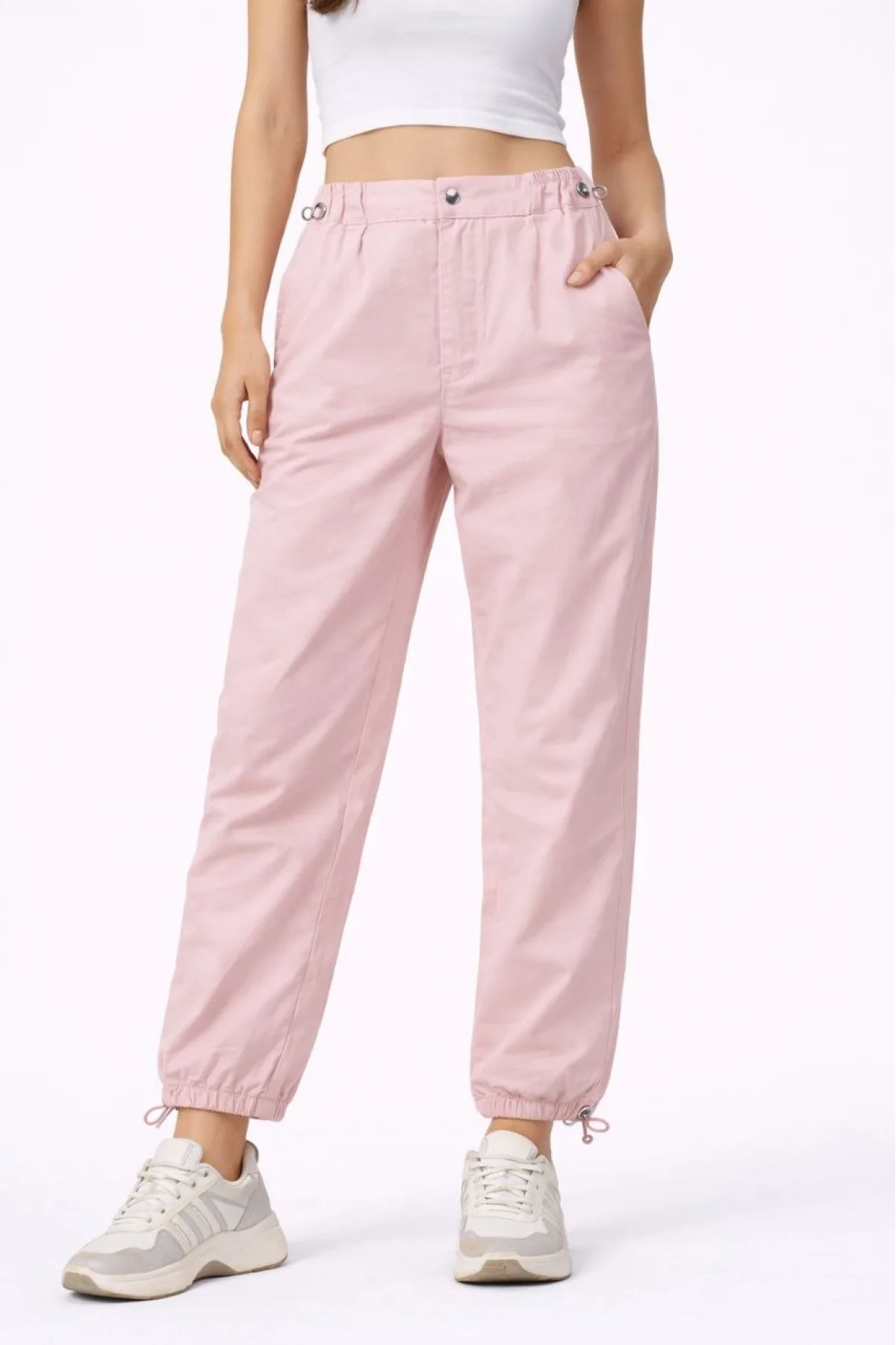 Kadın Paraşüt Kumaş Pantolon Bel ve Paça Ayarlanabilir Lastikli Spor Pantolon - Toz Pembe