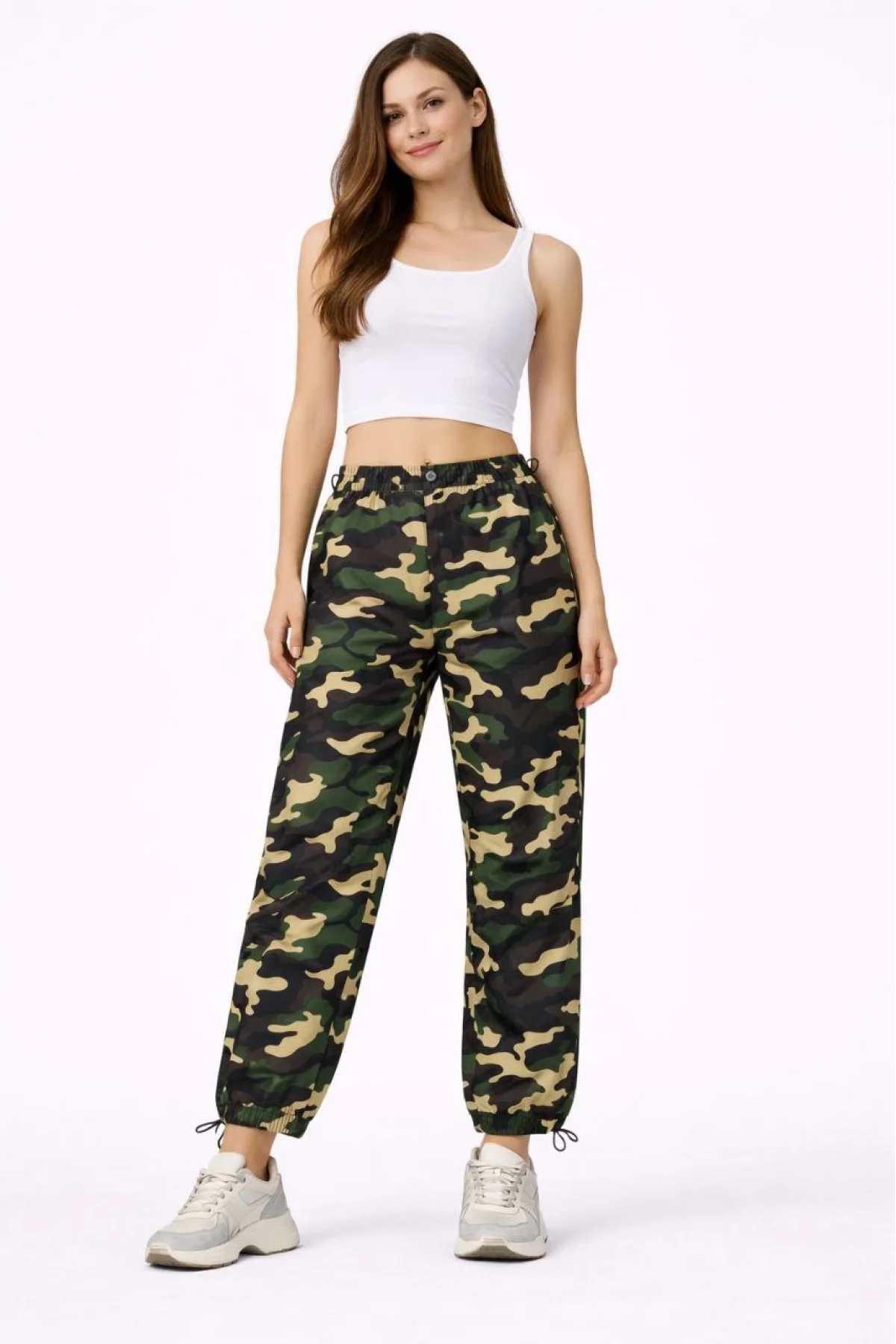 Kadın Paraşüt Kumaş Pantolon Bel ve Paça Ayarlanabilir Lastikli Spor Pantolon - Kamuflaj