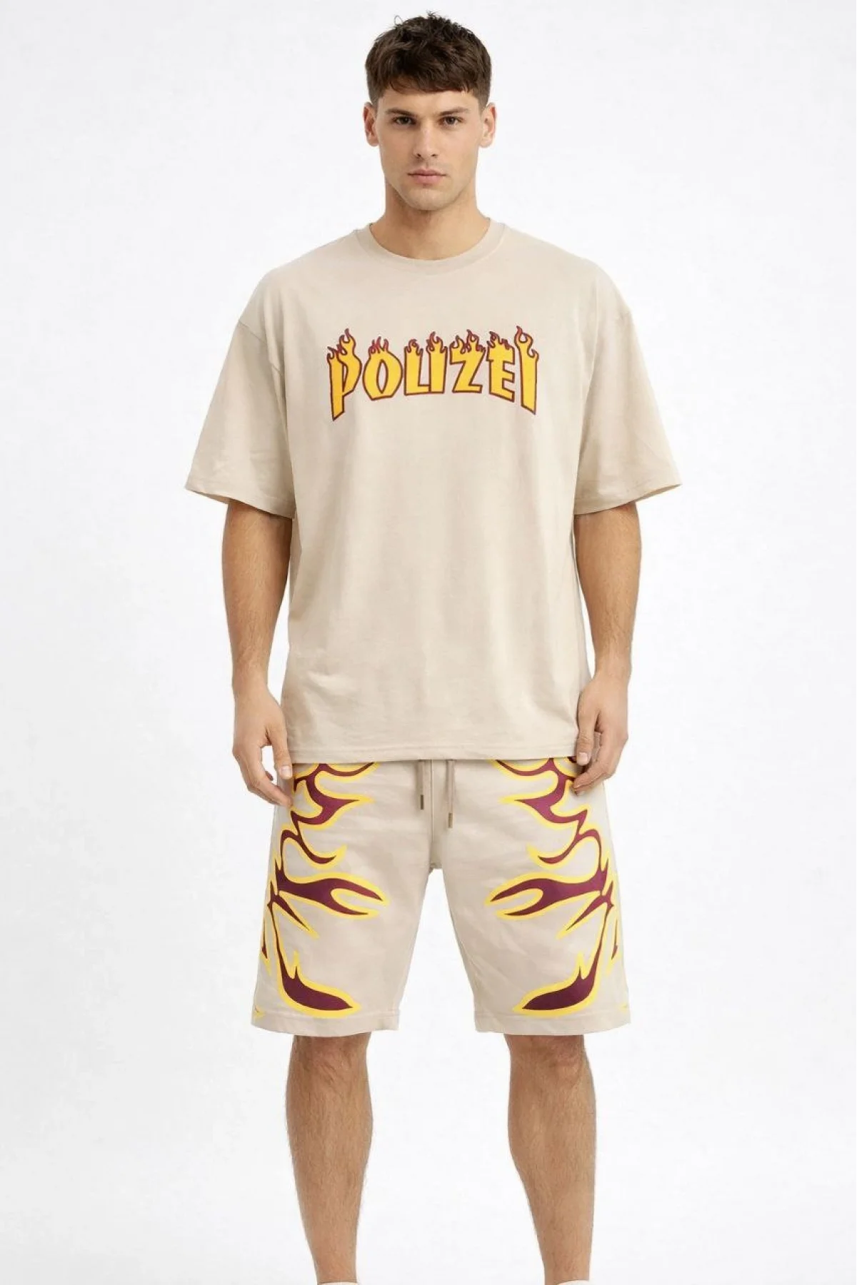 Erkek Bej Oversize Baskılı Tişört Şort Takım Cepli Şort Yazlık Rahat Günlük Kombin - Bej