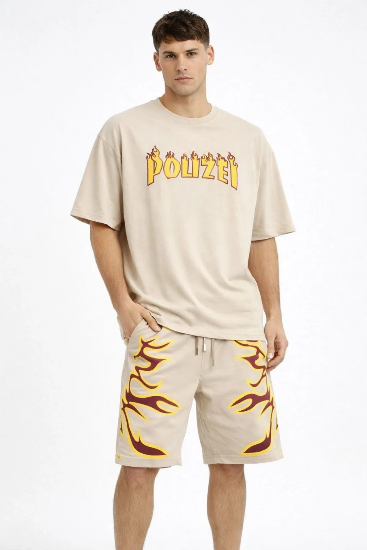 Erkek Bej Oversize Baskılı Tişört Şort Takım Cepli Şort Yazlık Rahat Günlük Kombin - Bej