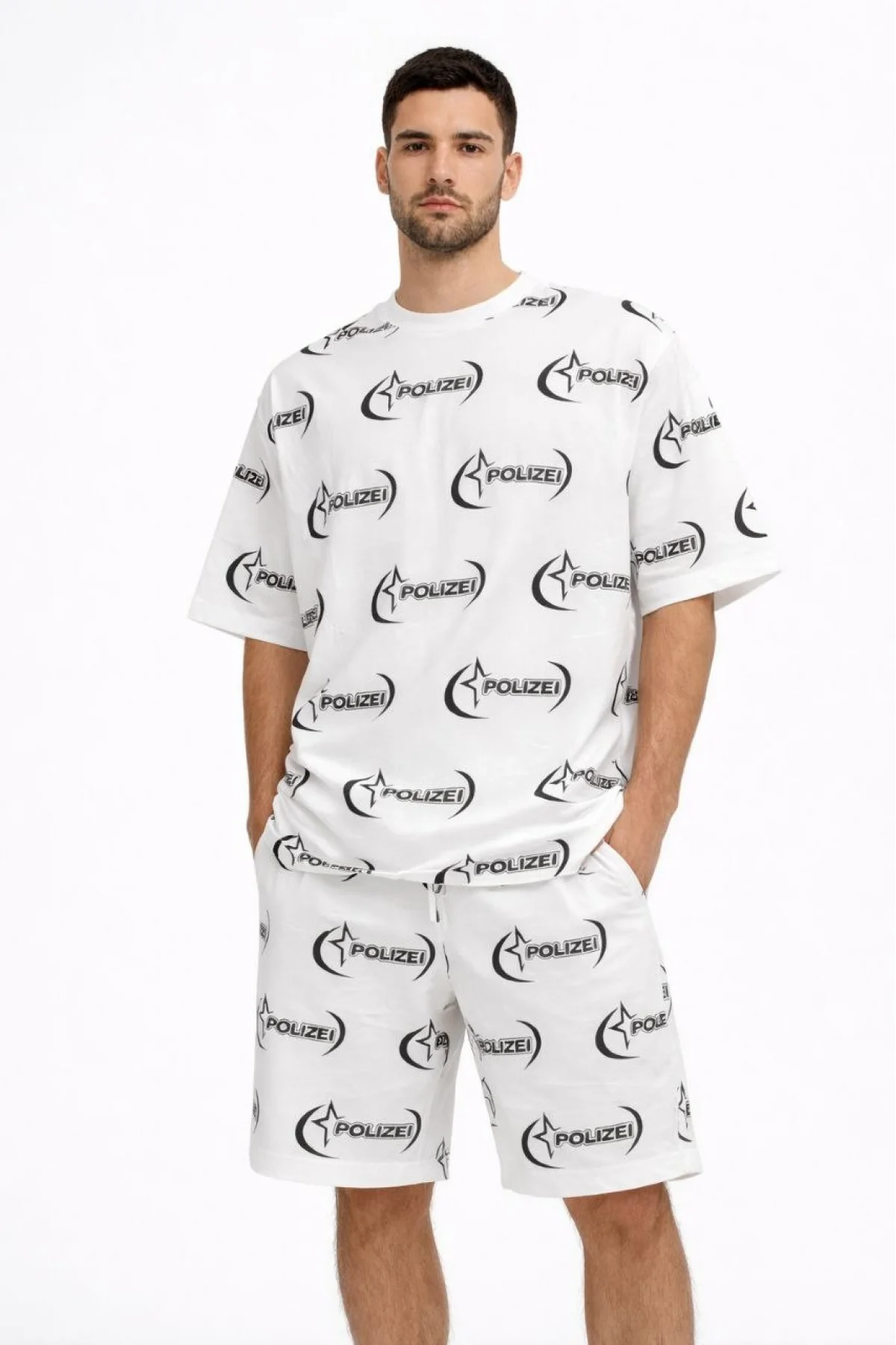 Erkek Oversize Ön ve Arka Baskılı Tişört Şort Takım Rahat Kalıp Yazlık Günlük Kombin - Beyaz