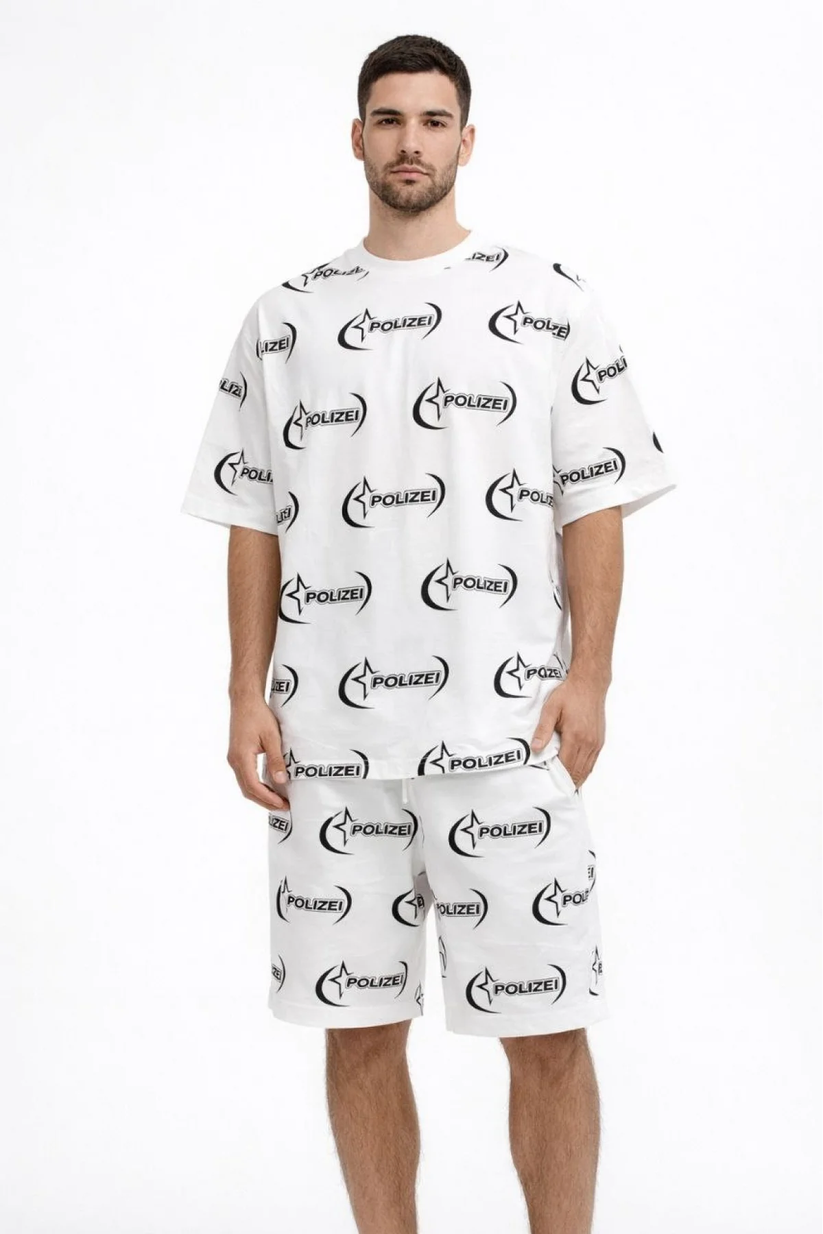 Erkek Oversize Ön ve Arka Baskılı Tişört Şort Takım Rahat Kalıp Yazlık Günlük Kombin - Beyaz