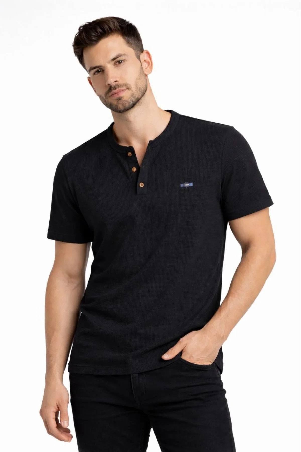 Erkek Waffle Dokulu Likralı Henley Yaka Düğmeli Regular Fit Kısa Kollu T-Shirt - Siyah