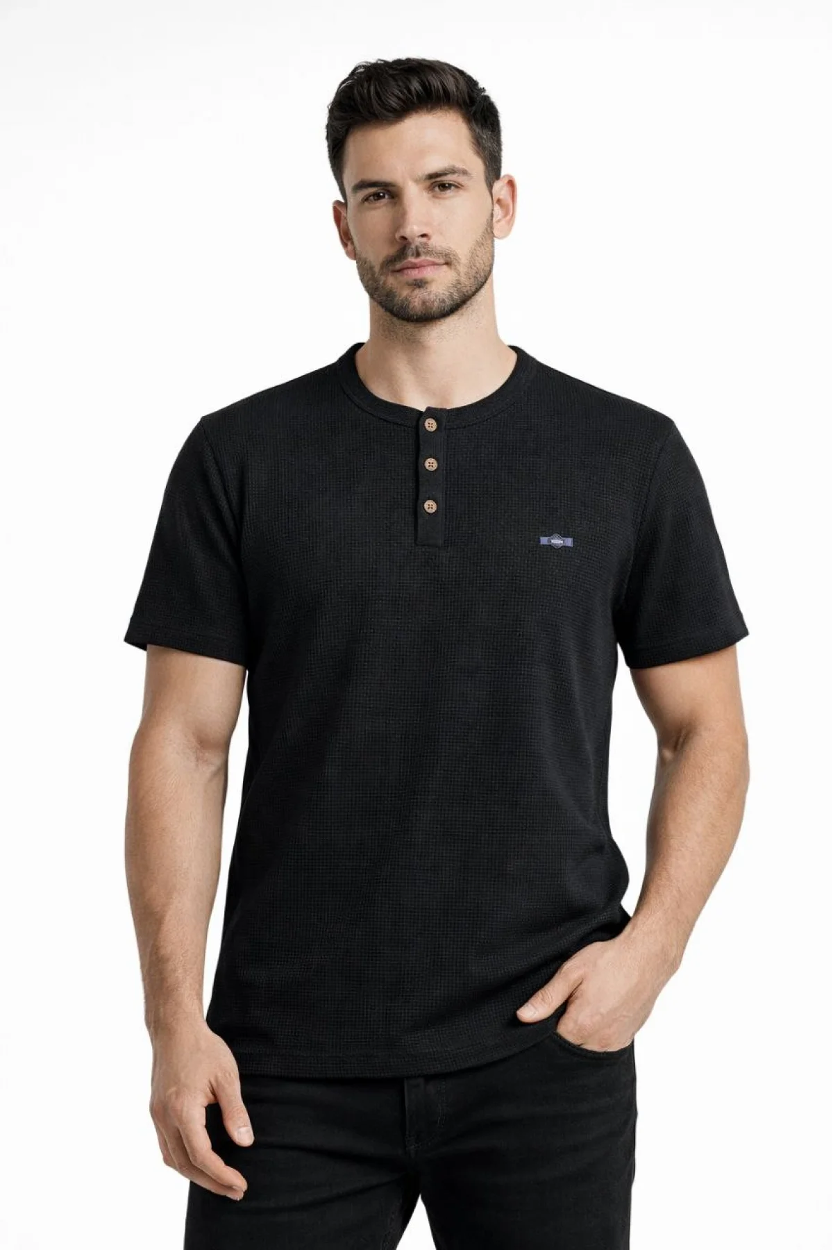 Erkek Waffle Dokulu Likralı Henley Yaka Düğmeli Regular Fit Kısa Kollu T-Shirt - Siyah