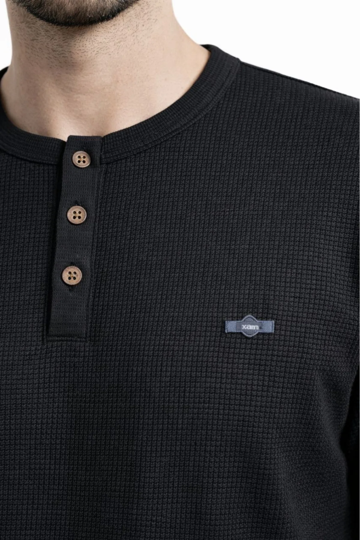 Erkek Waffle Dokulu Likralı Henley Yaka Düğmeli Regular Fit Kısa Kollu T-Shirt - Siyah