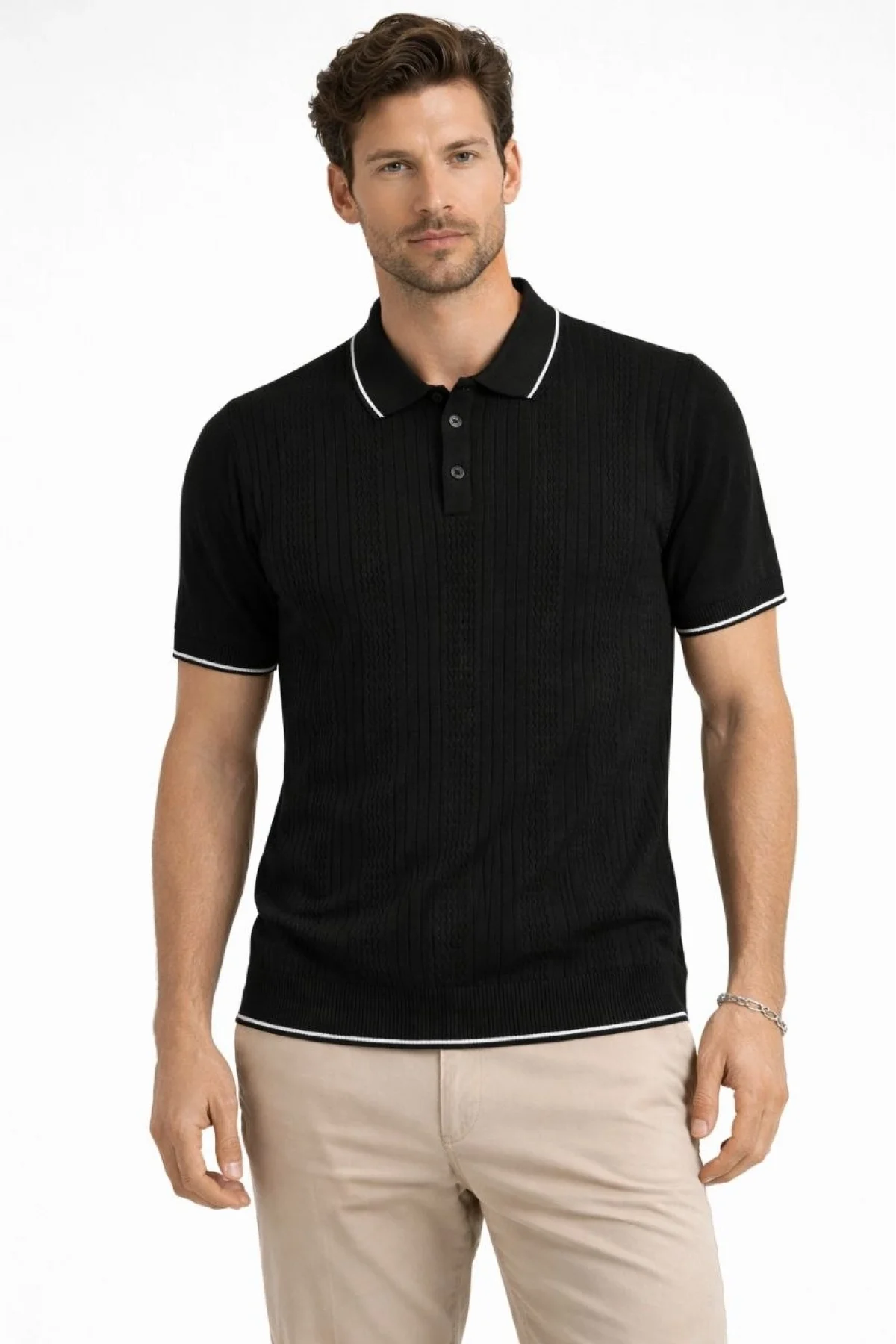 Erkek Düğmeli Yaka Triko Dokuma Tişört Desenli Yazlık  Şık Günlük Triko Tişört - Siyah