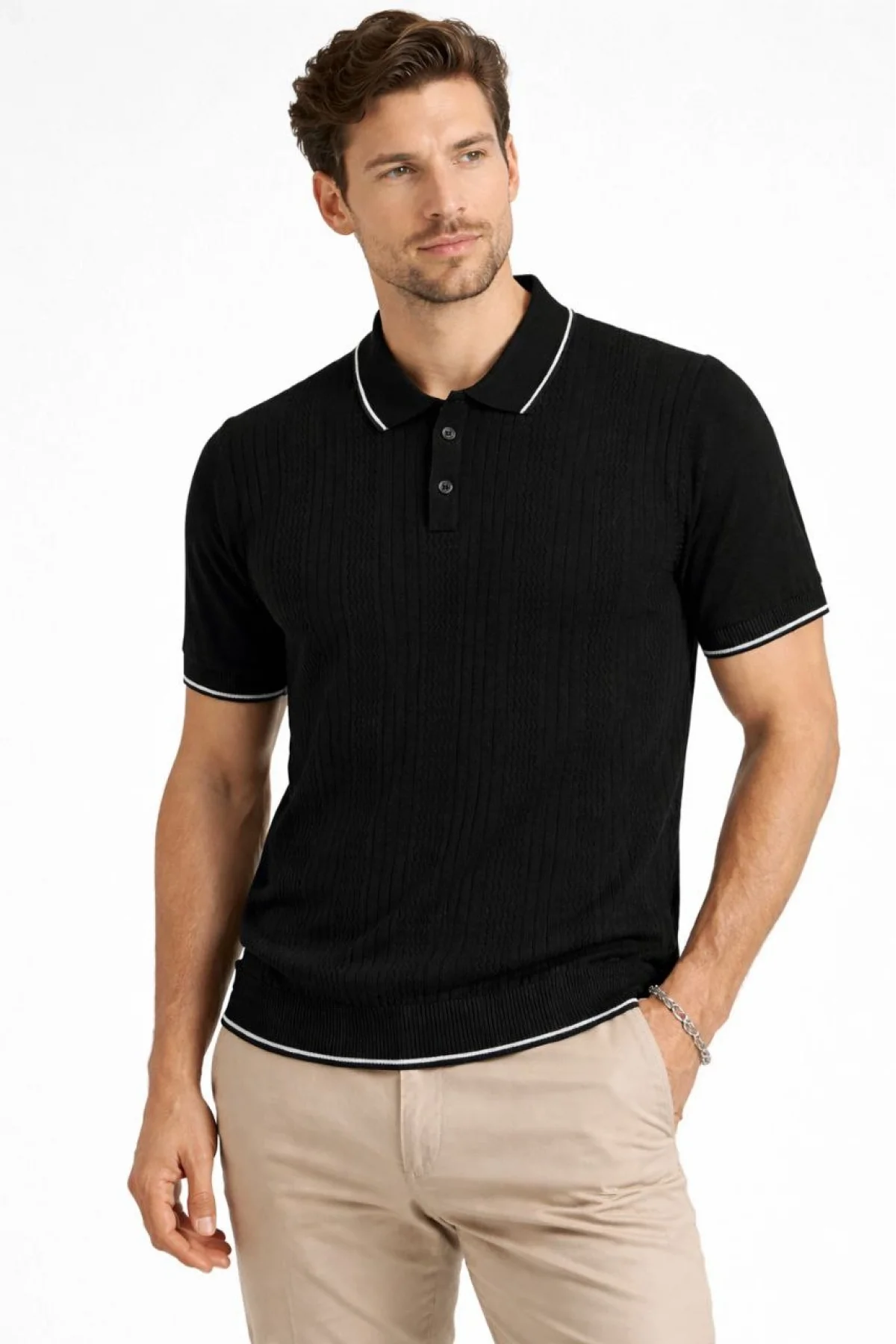 Erkek Düğmeli Yaka Triko Dokuma Tişört Desenli Yazlık  Şık Günlük Triko Tişört - Siyah