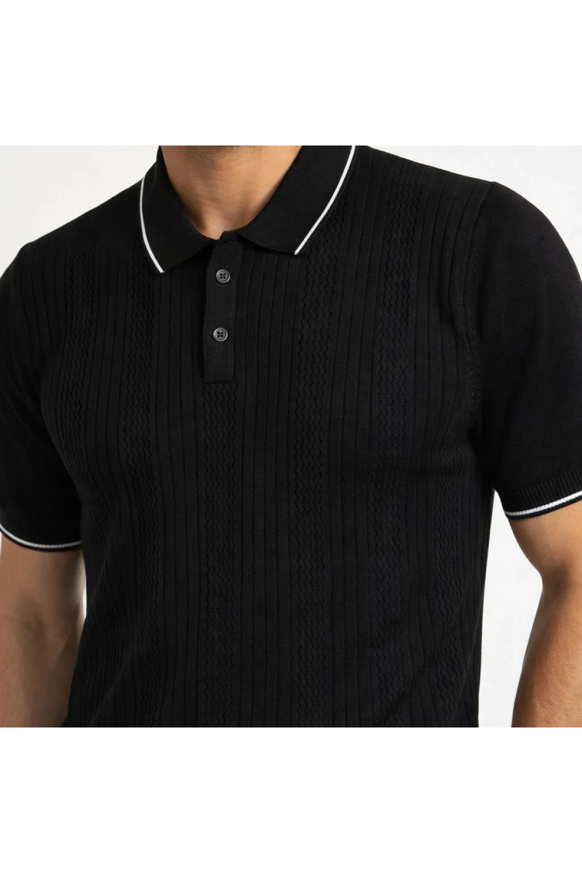 Erkek Düğmeli Yaka Triko Dokuma Tişört Desenli Yazlık  Şık Günlük Triko Tişört - Siyah