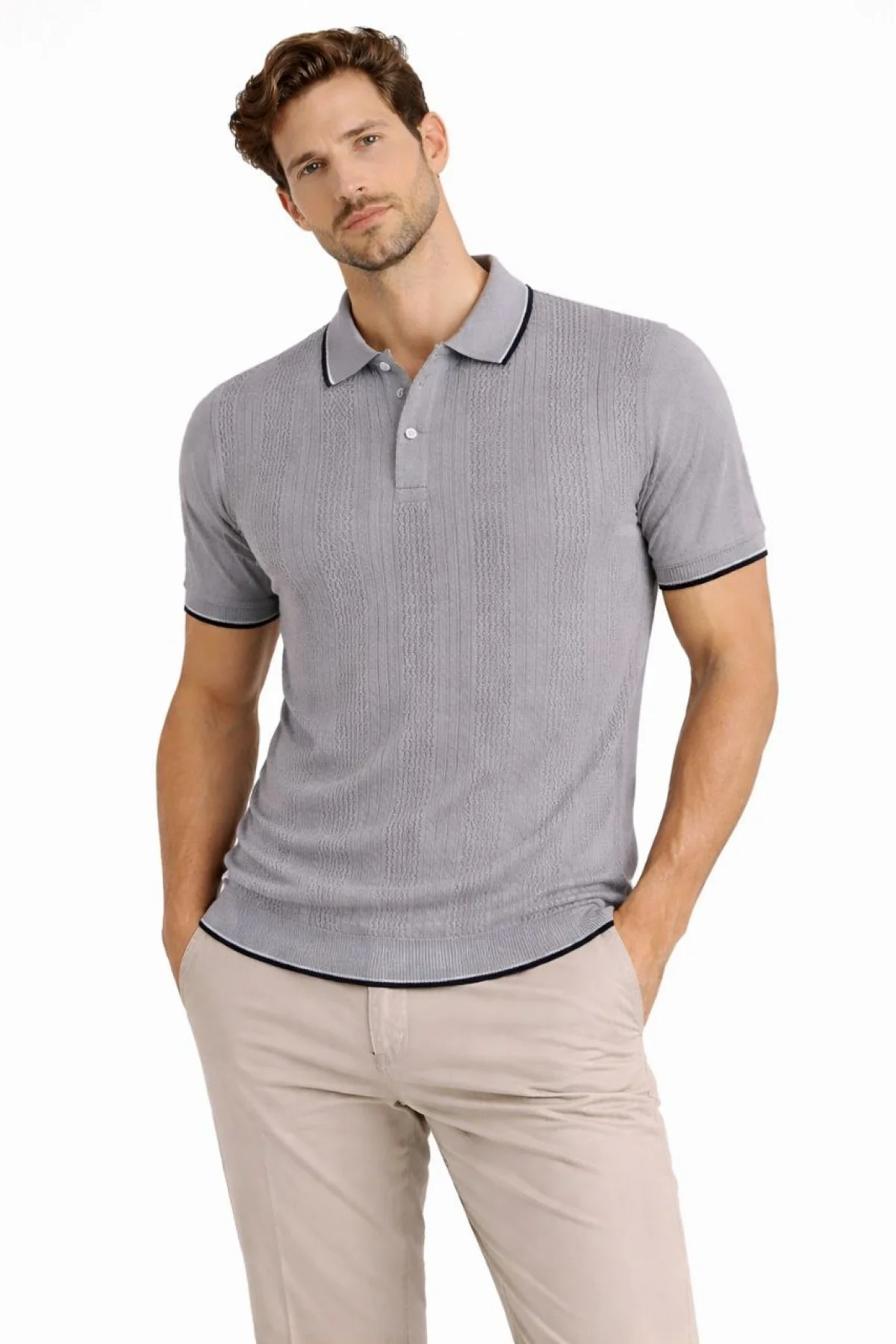 Erkek Düğmeli Yaka Triko Dokuma Tişört Desenli Yazlık Şık Günlük Triko Tişört - Gri