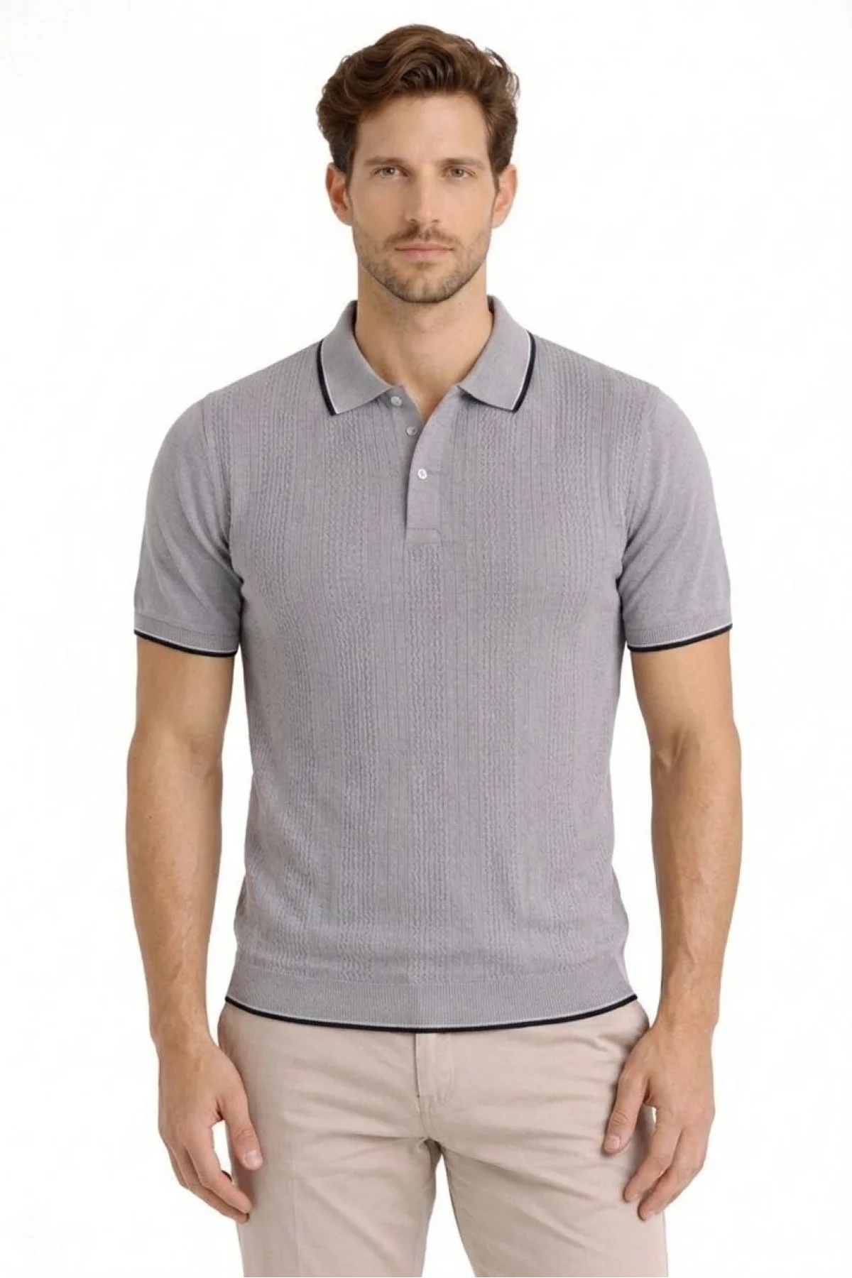 Erkek Düğmeli Yaka Triko Dokuma Tişört Desenli Yazlık Şık Günlük Triko Tişört - Gri