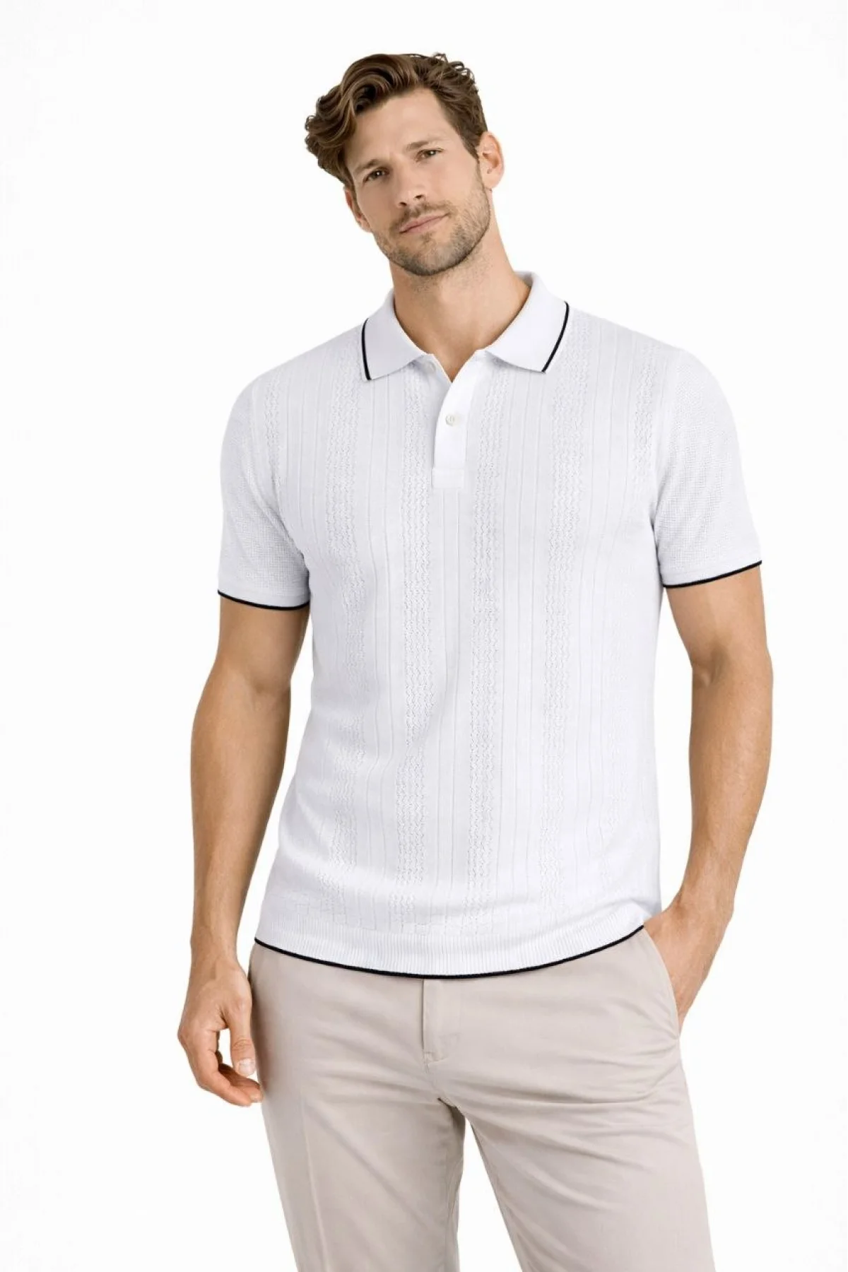 Erkek Düğmeli Yaka Triko Dokuma Tişört Desenli Yazlık Şık Günlük Triko Tişört - Beyaz