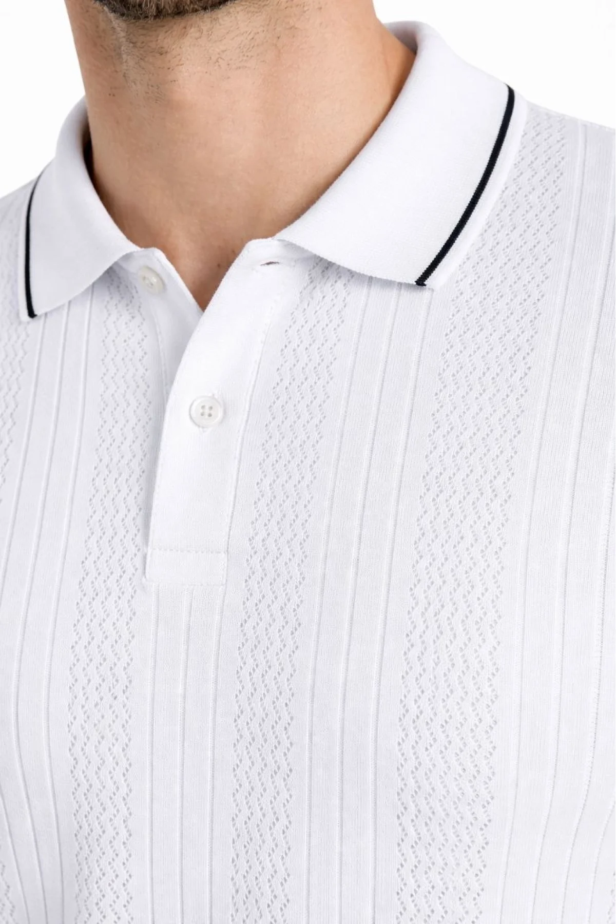 Erkek Düğmeli Yaka Triko Dokuma Tişört Desenli Yazlık Şık Günlük Triko Tişört - Beyaz