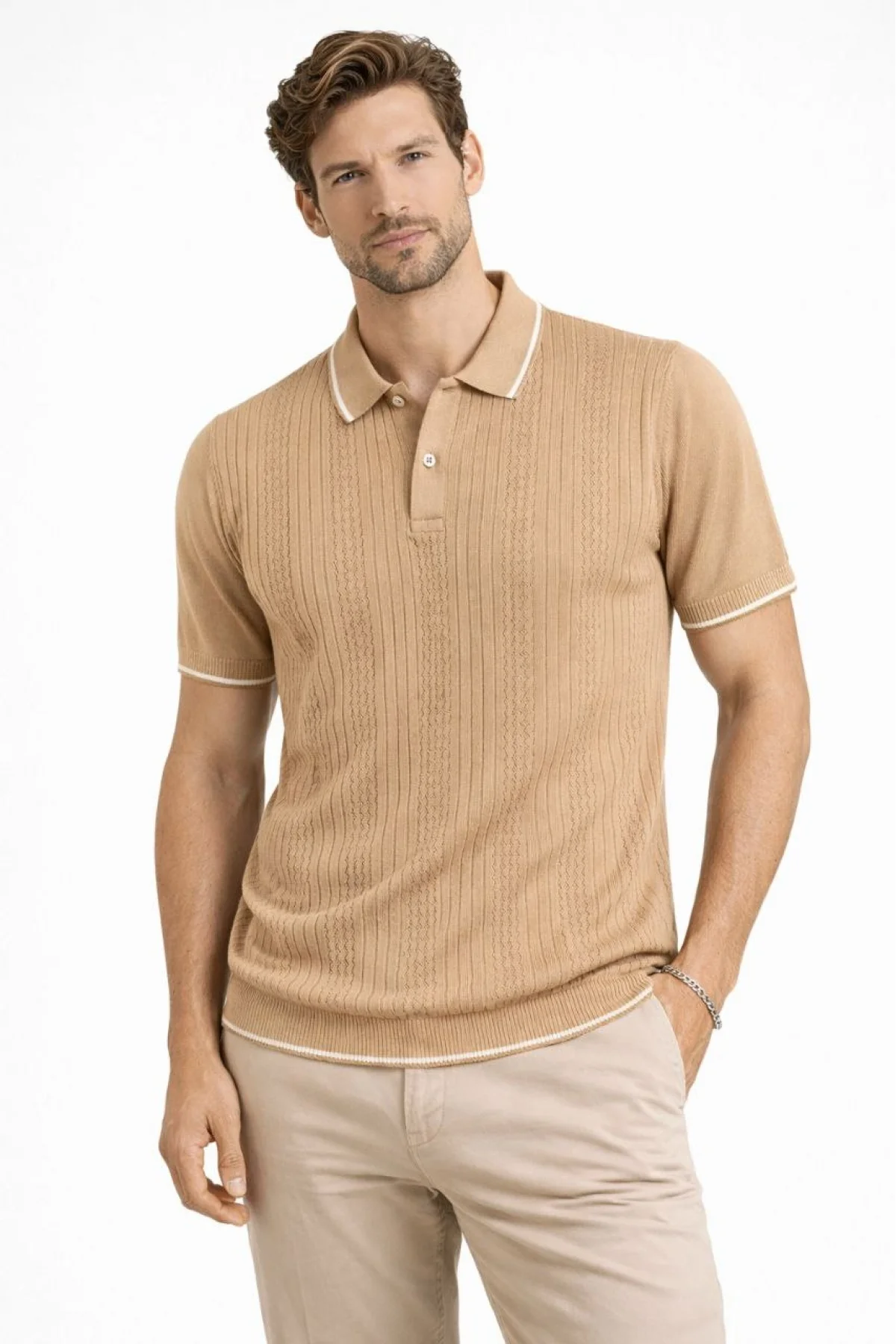 Erkek Düğmeli Yaka Triko Dokuma Tişört Desenli Yazlık Şık Günlük Triko Tişört - Kahverengi
