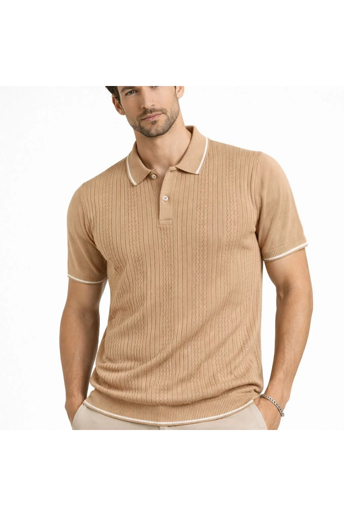 Erkek Düğmeli Yaka Triko Dokuma Tişört Desenli Yazlık Şık Günlük Triko Tişört - Kahverengi