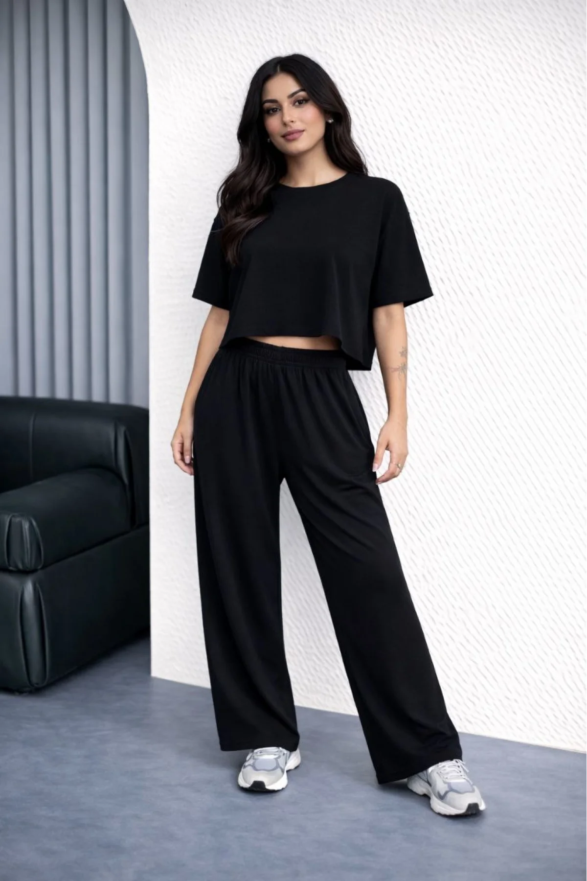 Kadın Osy Modal yumuşak dokulu Oversize İkili Takım Bol Paça Pantolonlu  Takım - Siyah