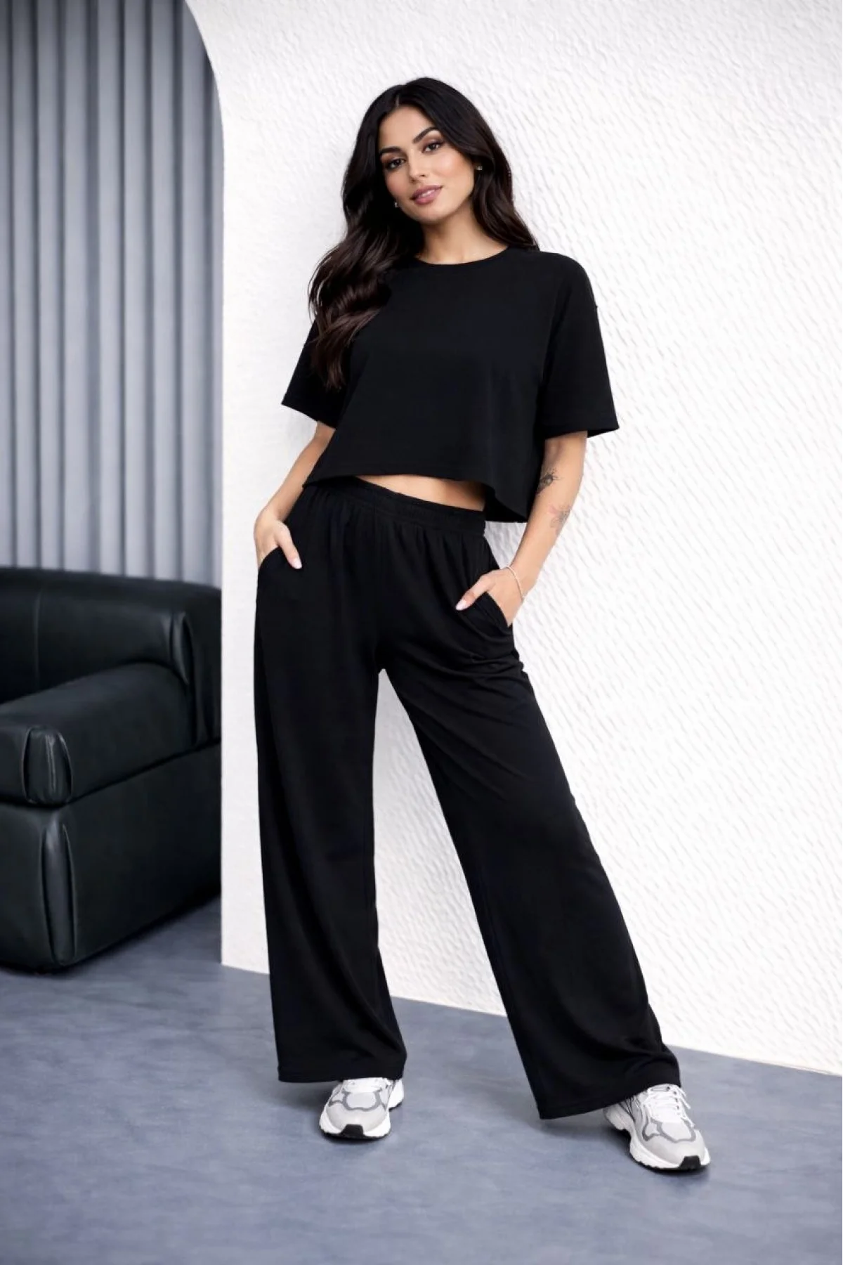Kadın Osy Modal yumuşak dokulu Oversize İkili Takım Bol Paça Pantolonlu  Takım - Siyah