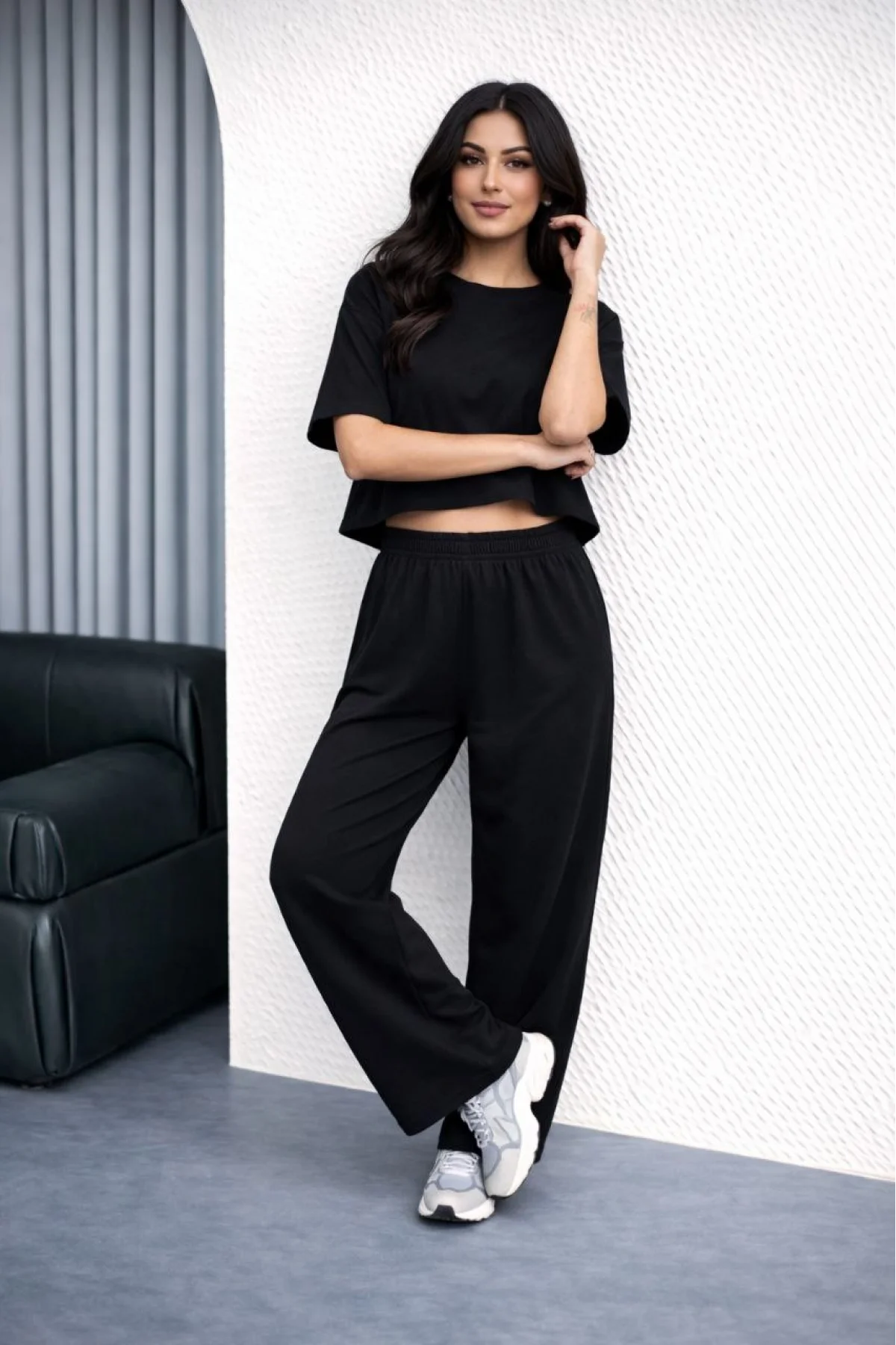 Kadın Osy Modal yumuşak dokulu Oversize İkili Takım Bol Paça Pantolonlu  Takım - Siyah