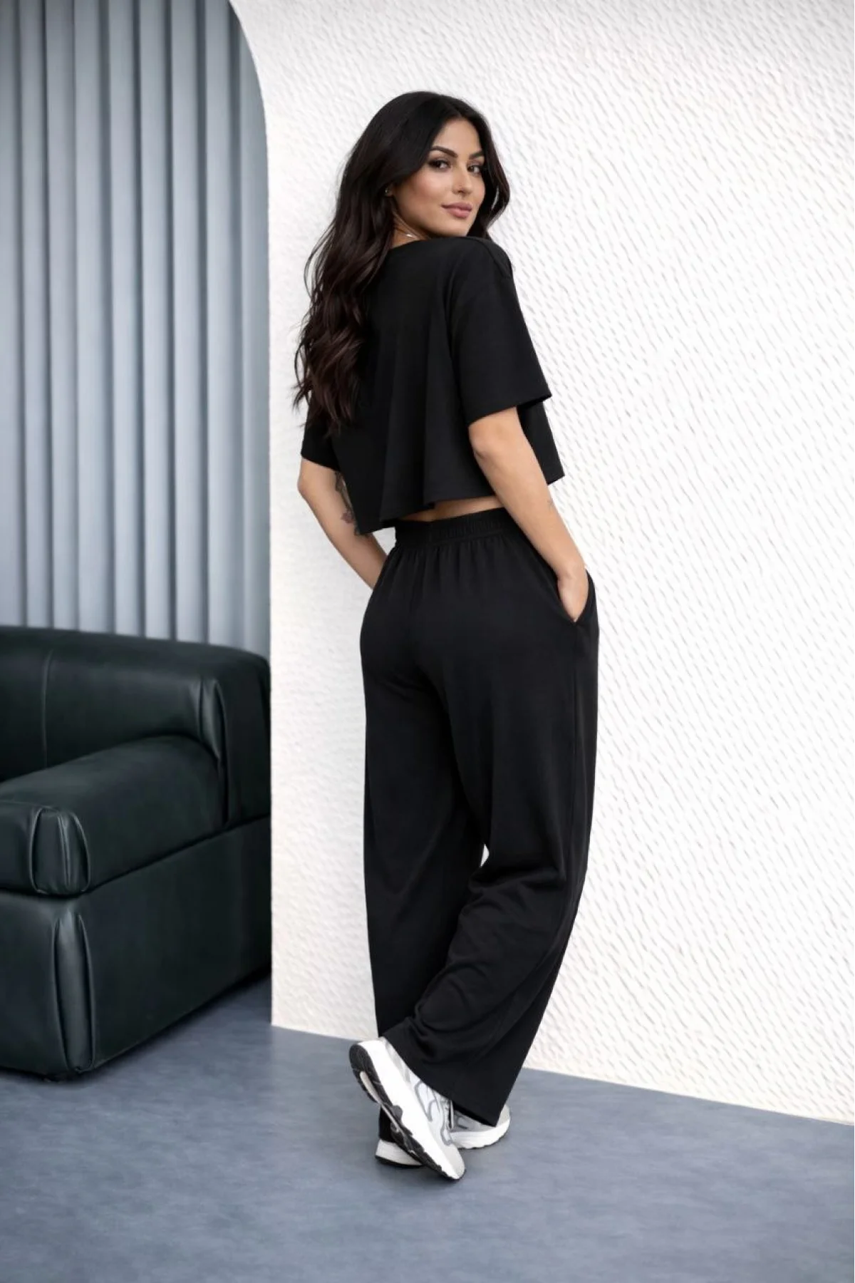 Kadın Osy Modal yumuşak dokulu Oversize İkili Takım Bol Paça Pantolonlu  Takım - Siyah