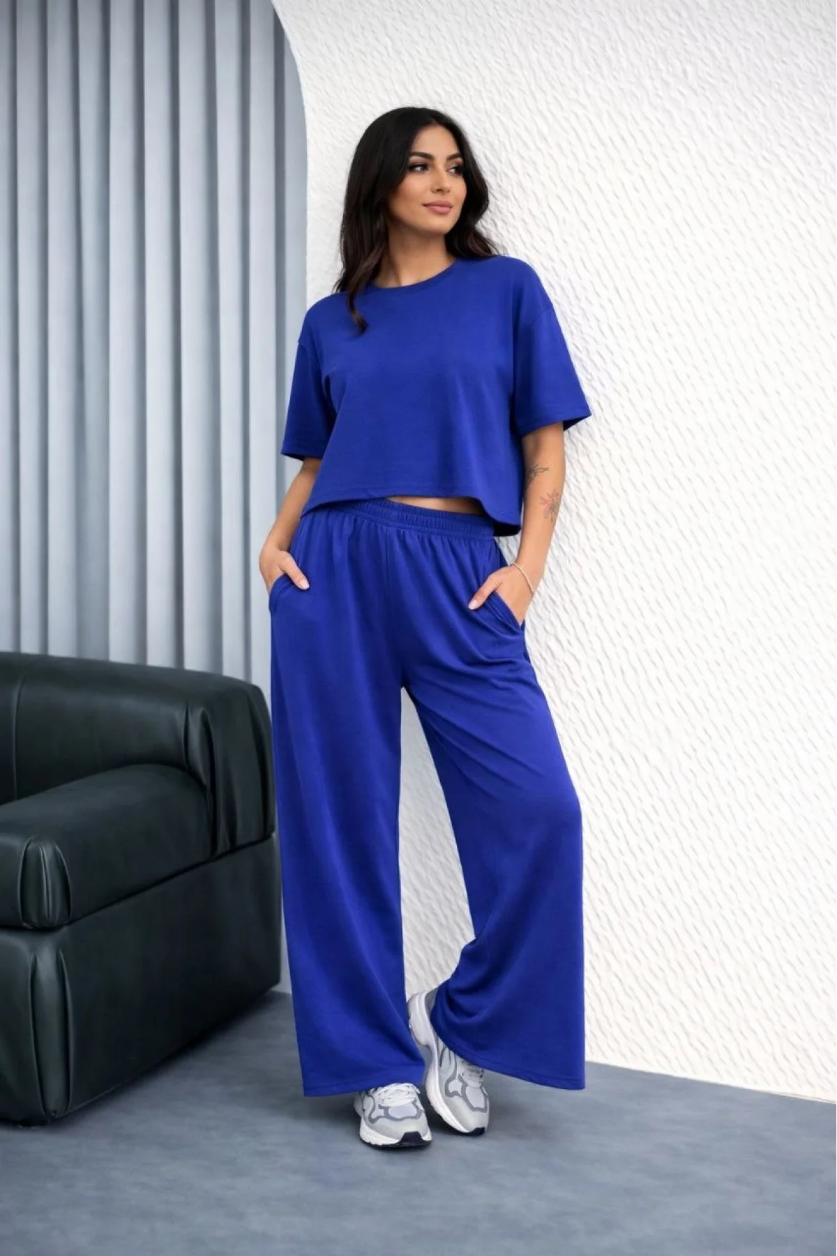 Kadın Osy Modal yumuşak dokulu Oversize İkili Takım Bol Paça Pantolonlu Takım - Saks Mavisi