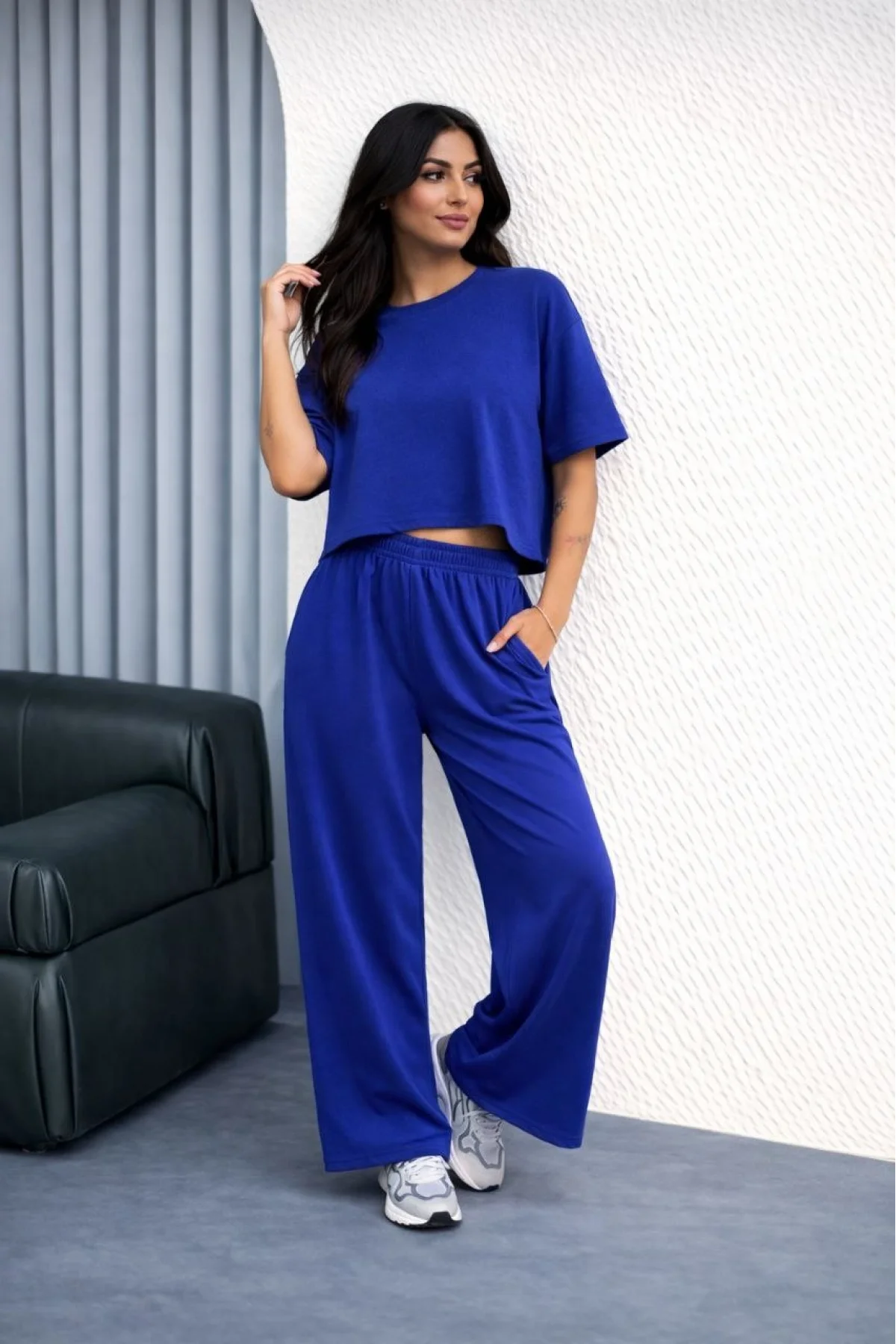 Kadın Osy Modal yumuşak dokulu Oversize İkili Takım Bol Paça Pantolonlu Takım - Saks Mavisi