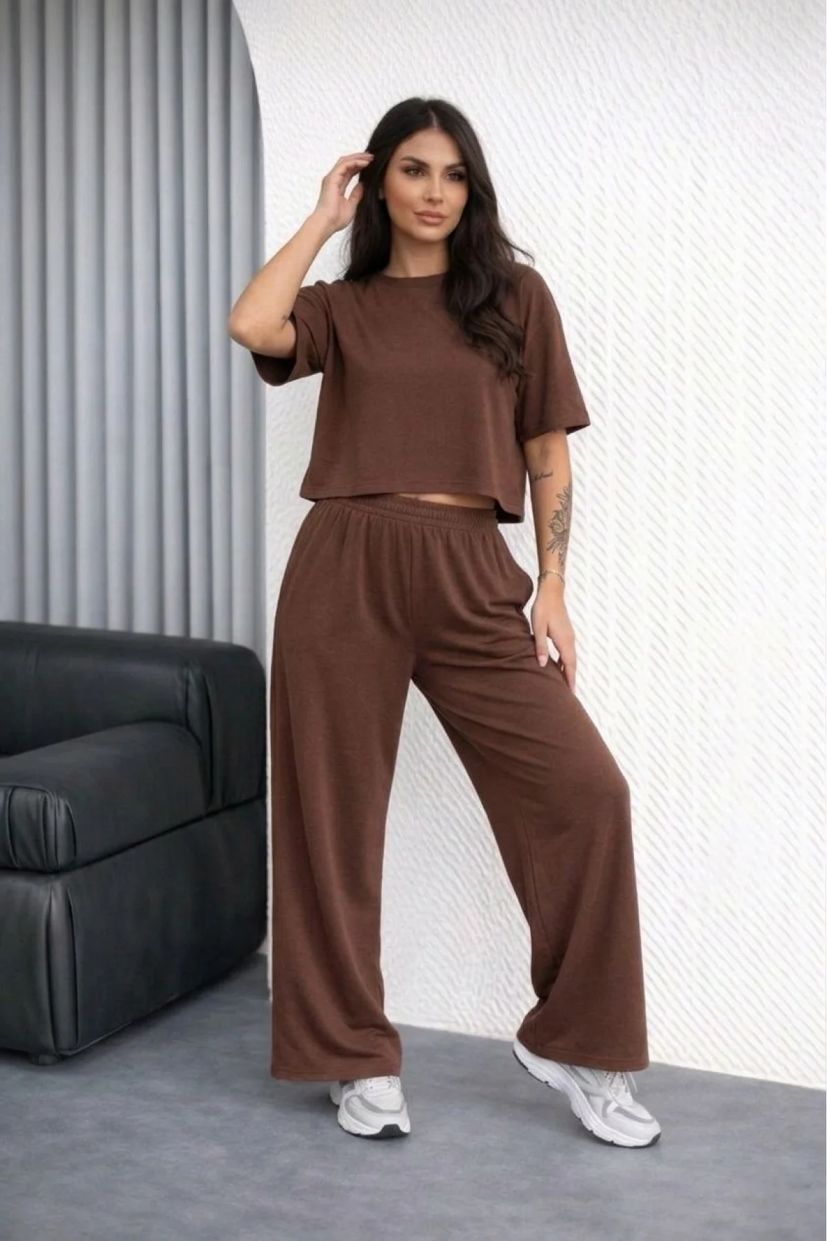 Kadın Osy Modal yumuşak dokulu  Oversize İkili Takım Bol Paça Pantolonlu  Takım - Kahverengi