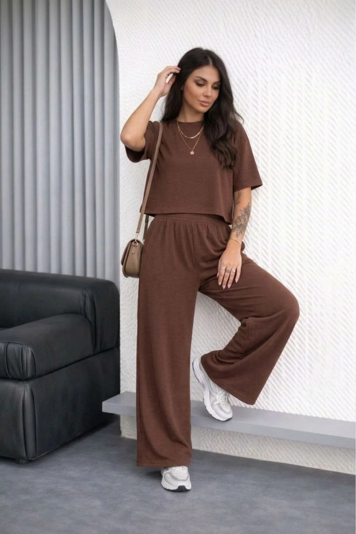 Kadın Osy Modal yumuşak dokulu  Oversize İkili Takım Bol Paça Pantolonlu  Takım - Kahverengi