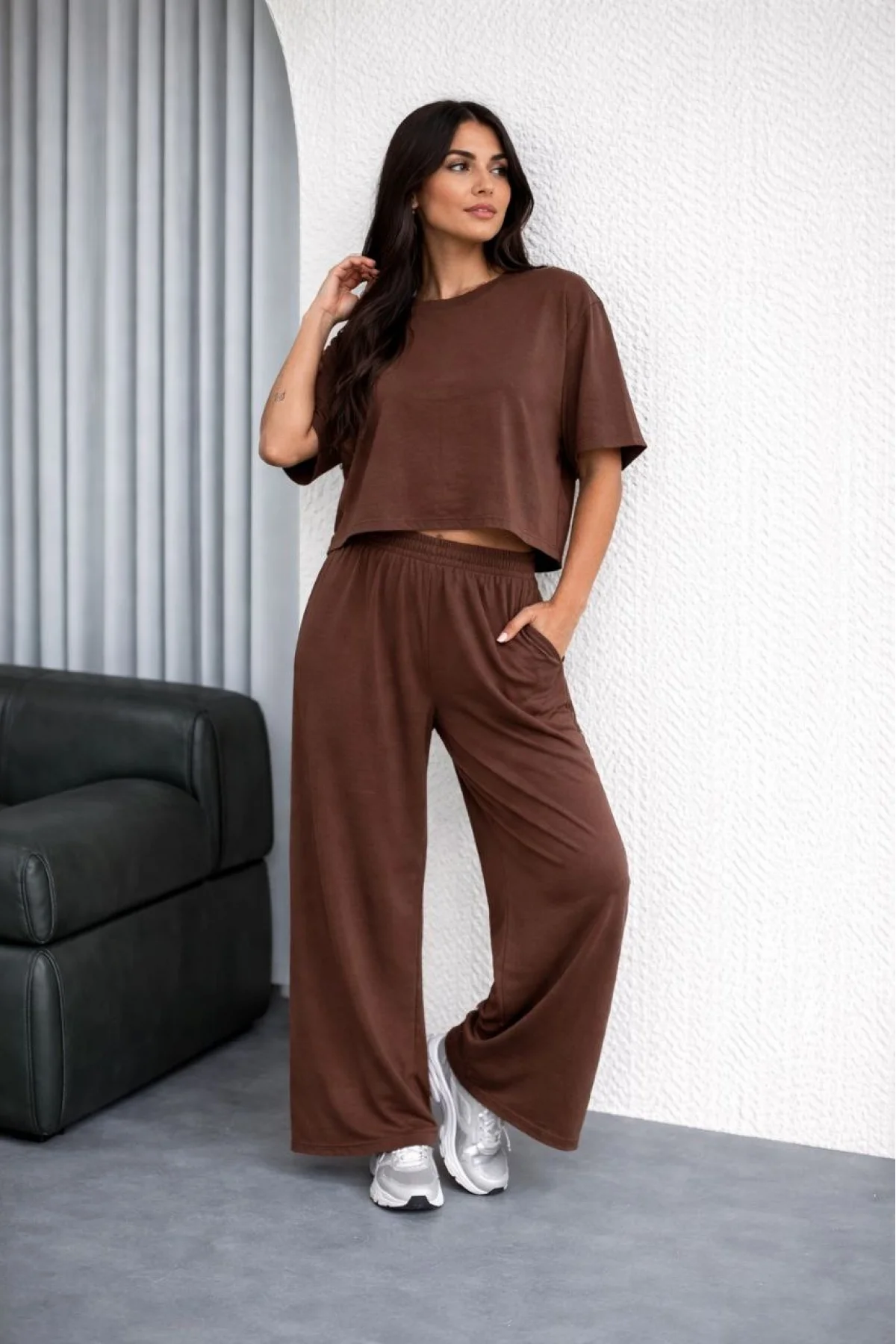 Kadın Osy Modal yumuşak dokulu  Oversize İkili Takım Bol Paça Pantolonlu  Takım - Kahverengi