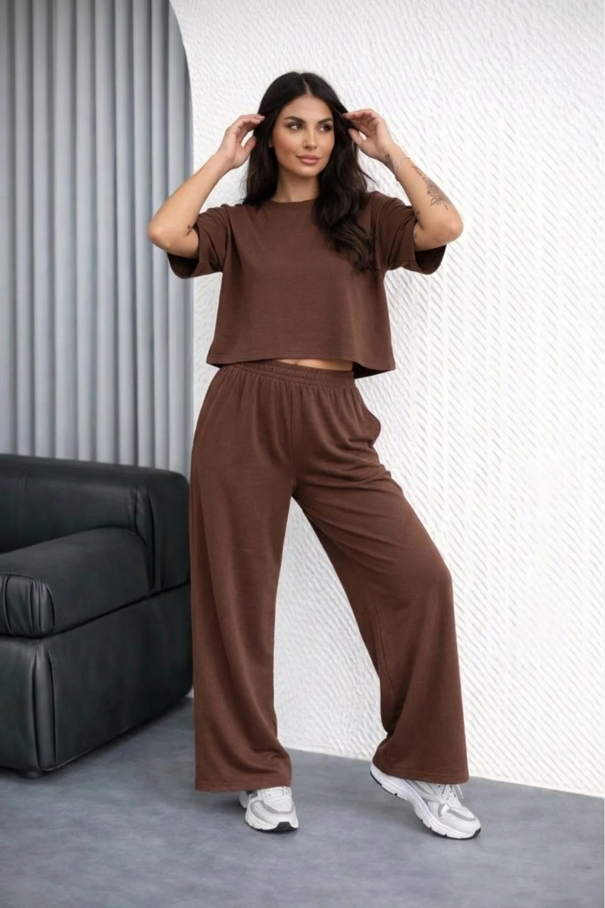 Kadın Osy Modal yumuşak dokulu  Oversize İkili Takım Bol Paça Pantolonlu  Takım - Kahverengi