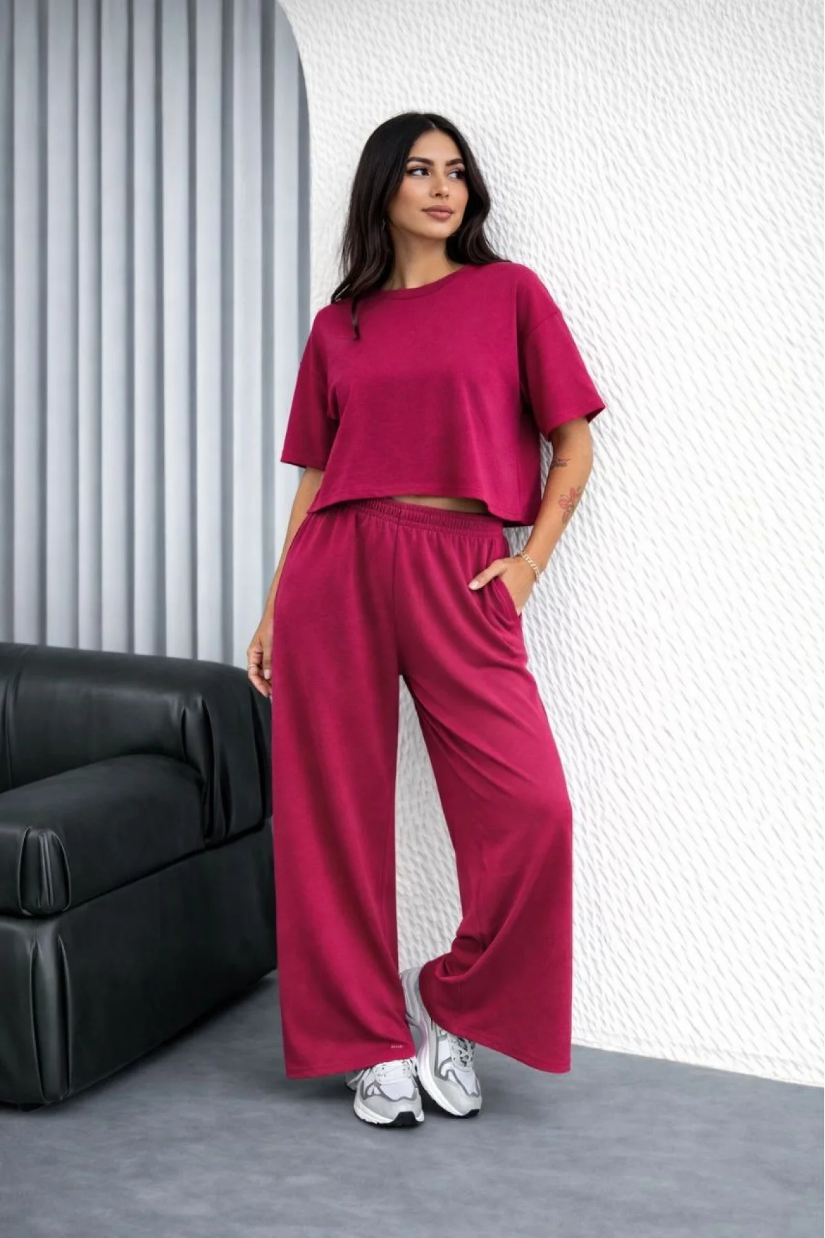 Kadın Osy Modal yumuşak dokulu Oversize İkili Takım Bol Paça Pantolonlu Takım - Fuşya