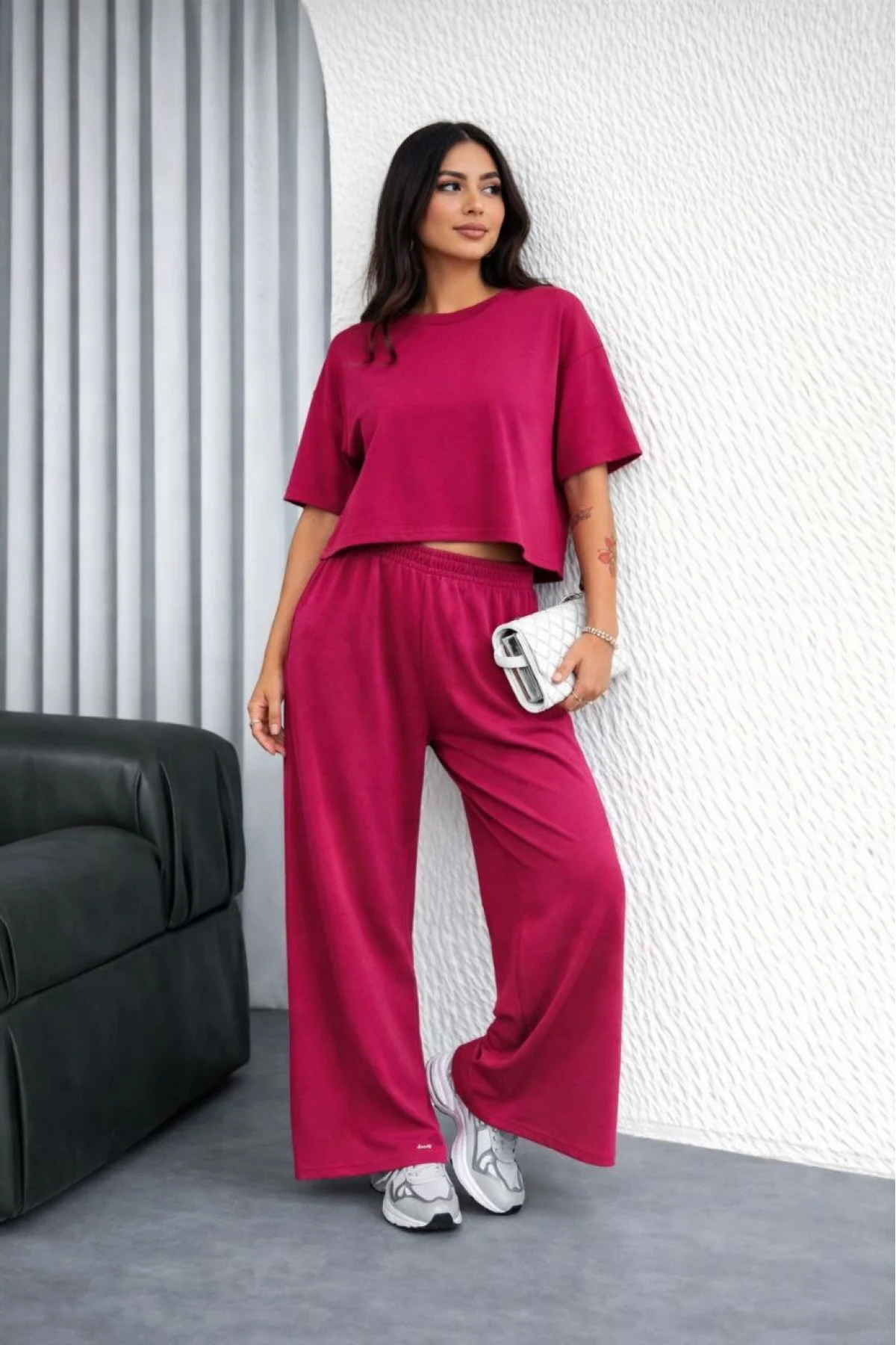 Kadın Osy Modal yumuşak dokulu Oversize İkili Takım Bol Paça Pantolonlu Takım - Fuşya