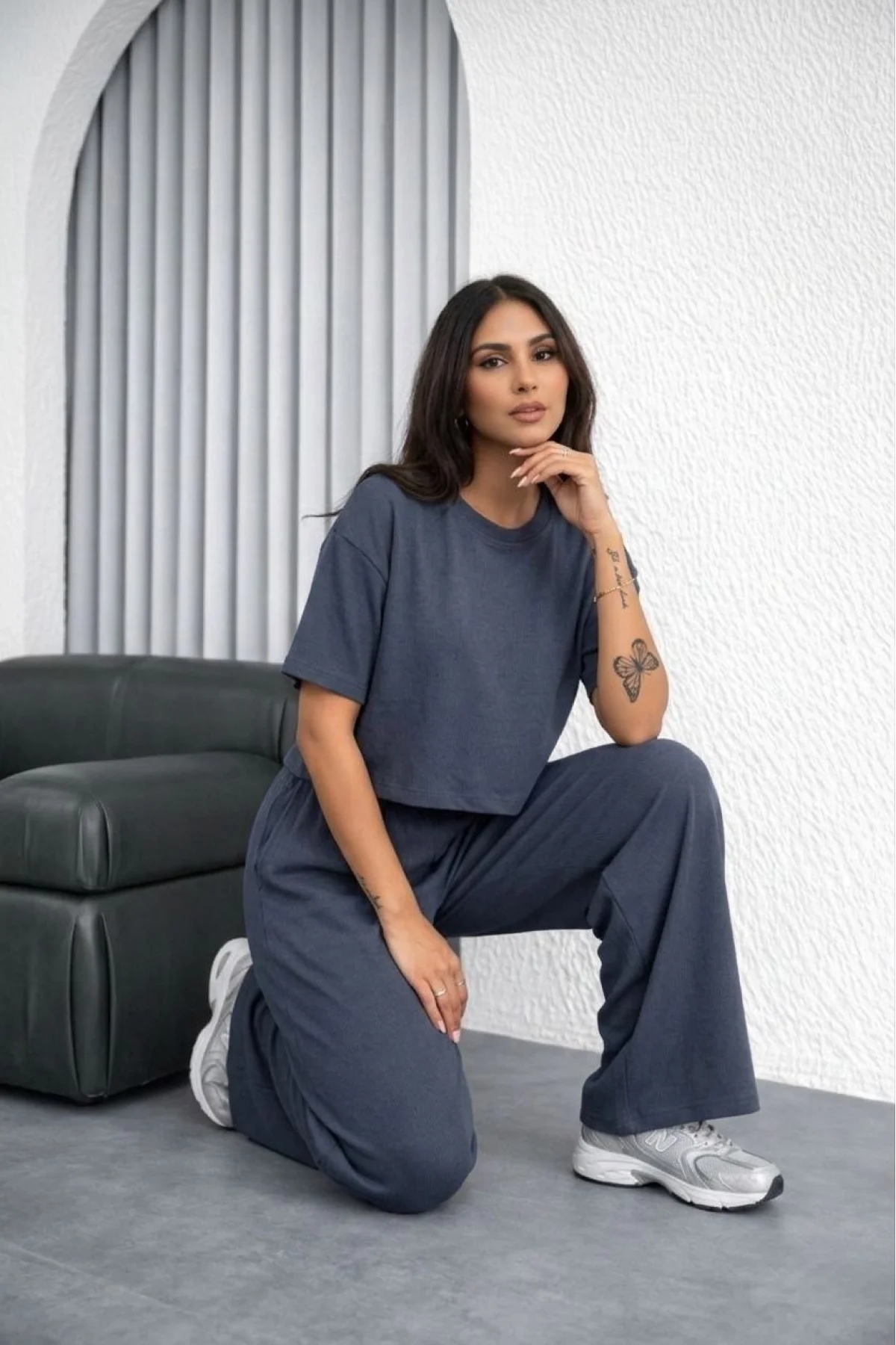 Kadın Osy Modal yumuşak dokulu Oversize İkili Takım Bol Paça Pantolonlu Takım - Füme