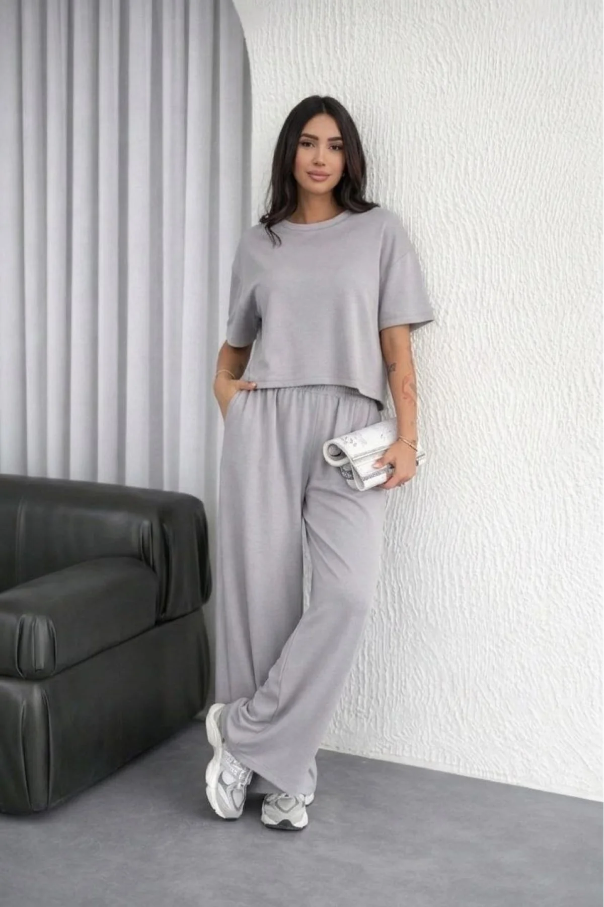 Kadın Osy Modal yumuşak dokulu Oversize İkili Takım Bol Paça Pantolonlu Takım - Gri