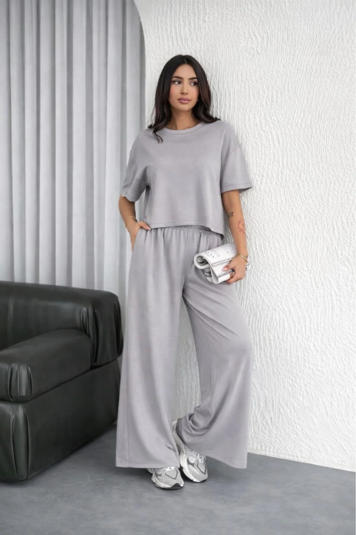 Kadın Osy Modal yumuşak dokulu Oversize İkili Takım Bol Paça Pantolonlu Takım - Gri