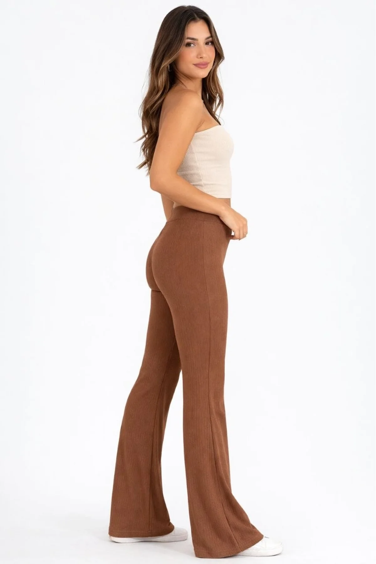 Kadın Fitilli Kaşkorse İspanyol Paça Tayt Yüksek Bel Esnek Günlük Rahat Pantolon - Kahverengi