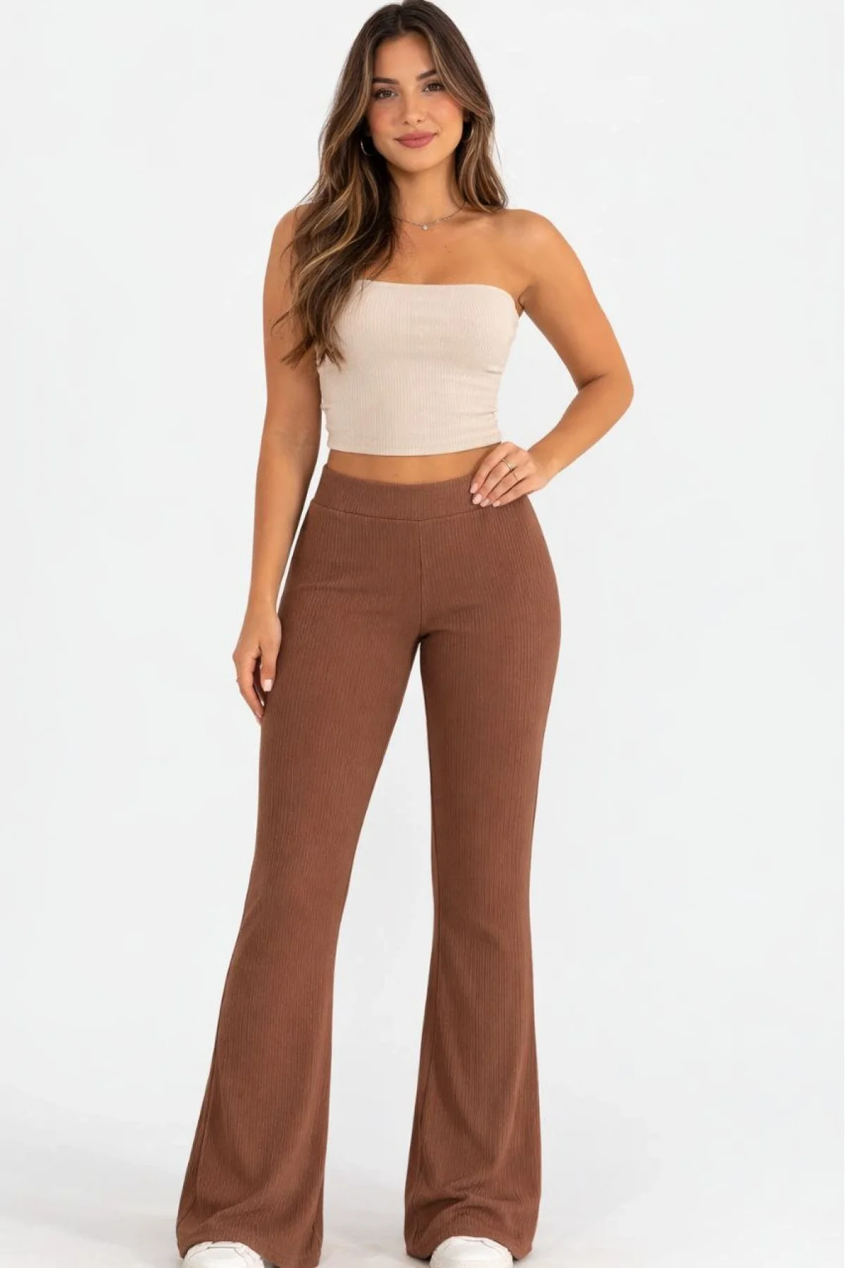 Kadın Fitilli Kaşkorse İspanyol Paça Tayt Yüksek Bel Esnek Günlük Rahat Pantolon - Kahverengi