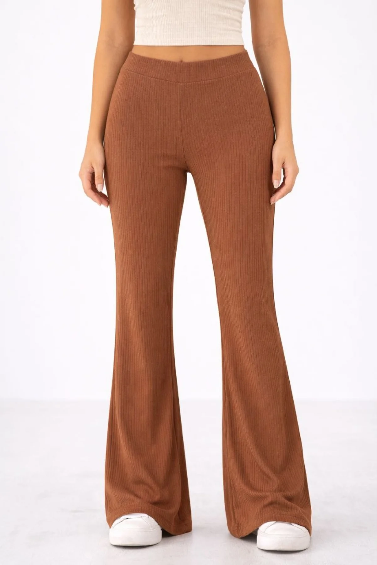 Kadın Fitilli Kaşkorse İspanyol Paça Tayt Yüksek Bel Esnek Günlük Rahat Pantolon - Kahverengi