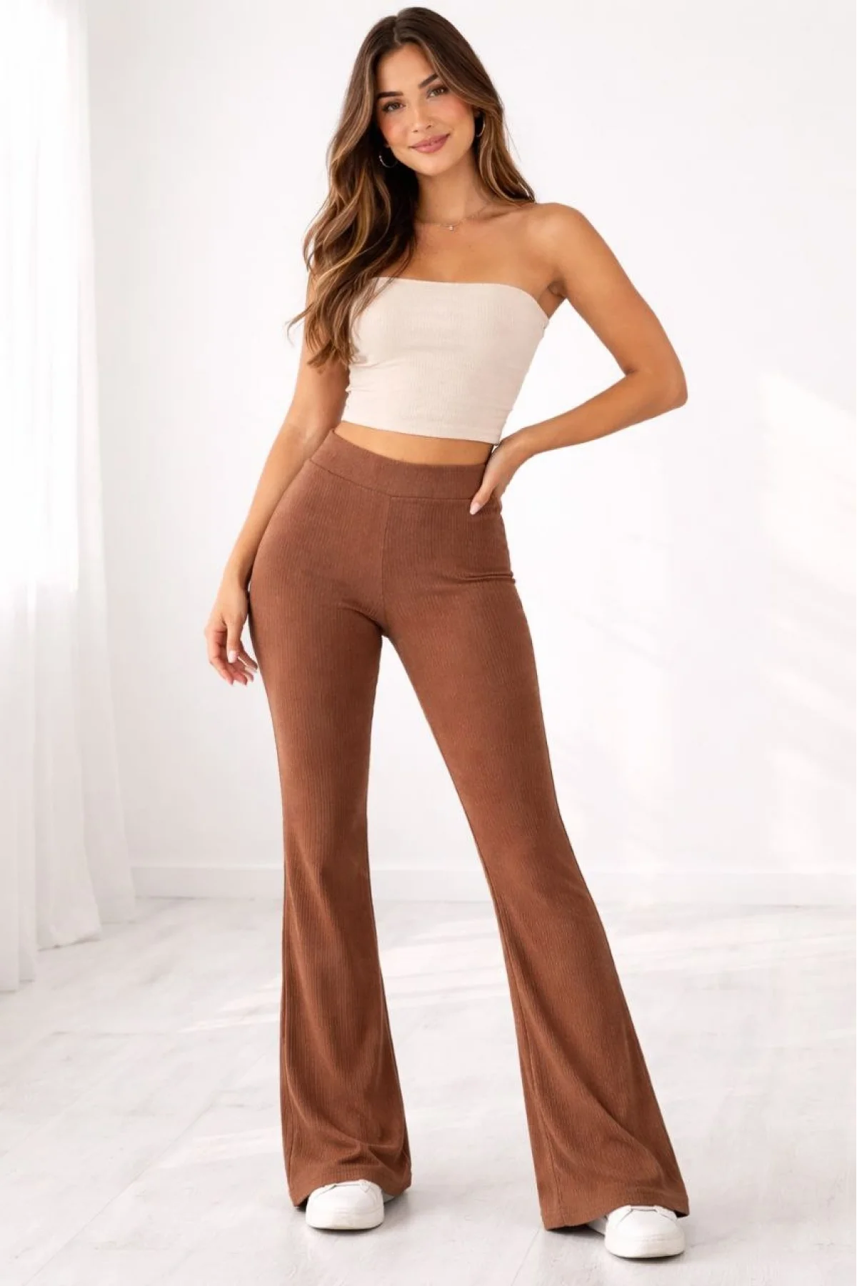 Kadın Fitilli Kaşkorse İspanyol Paça Tayt Yüksek Bel Esnek Günlük Rahat Pantolon - Kahverengi